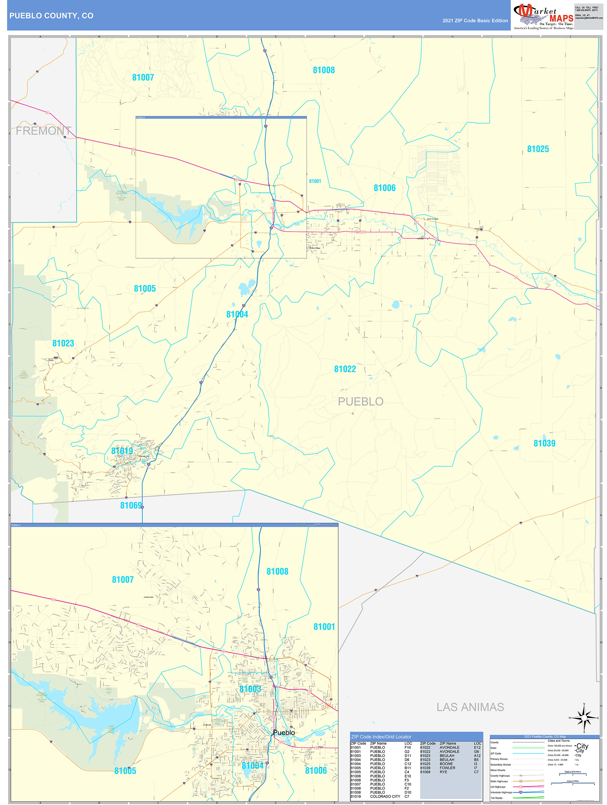 Pueblo County Co Zip Code Wall Map Basic Style By Marketmaps