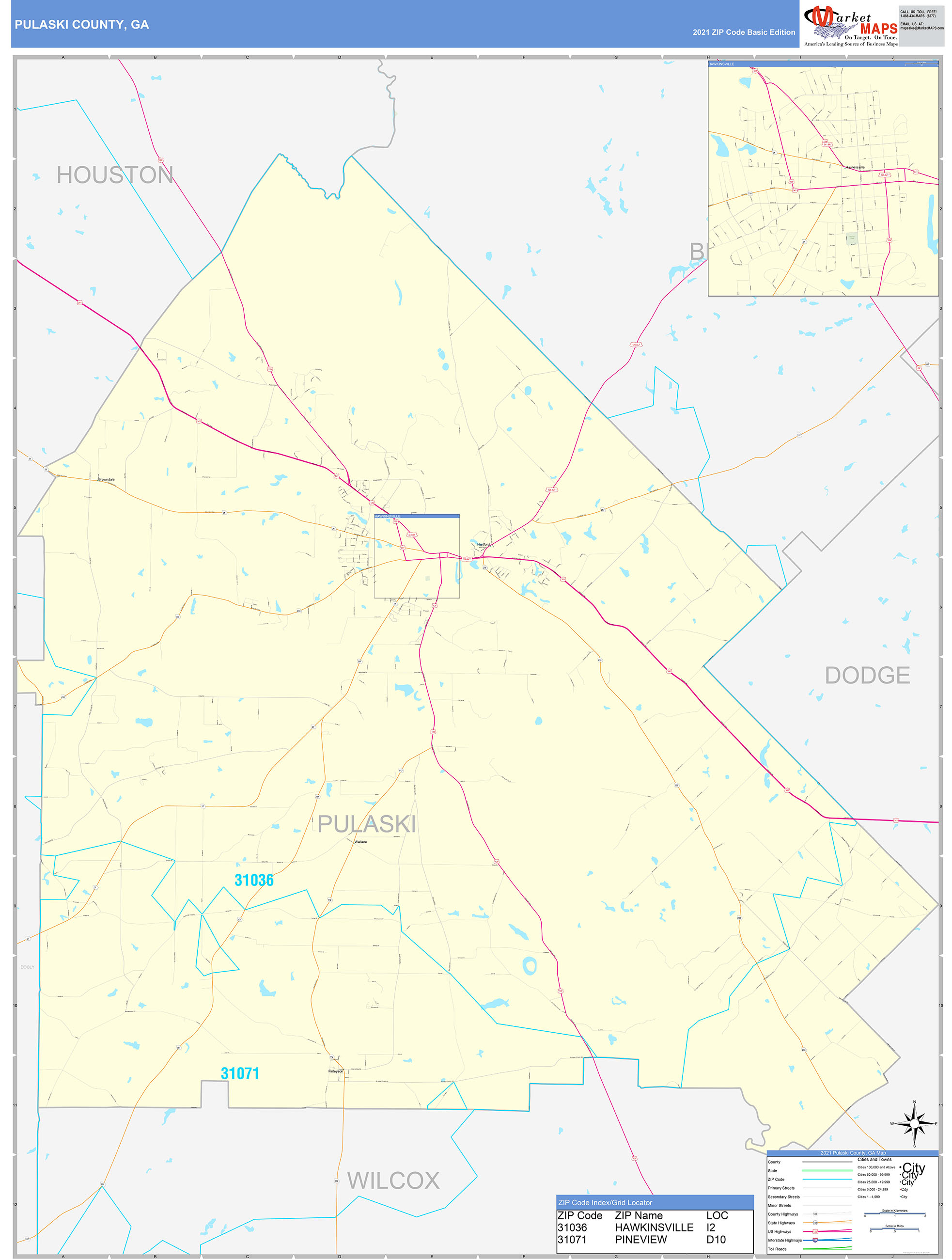 Pulaski County, GA Zip Code Wall Map Basic Style by MarketMAPS MapSales