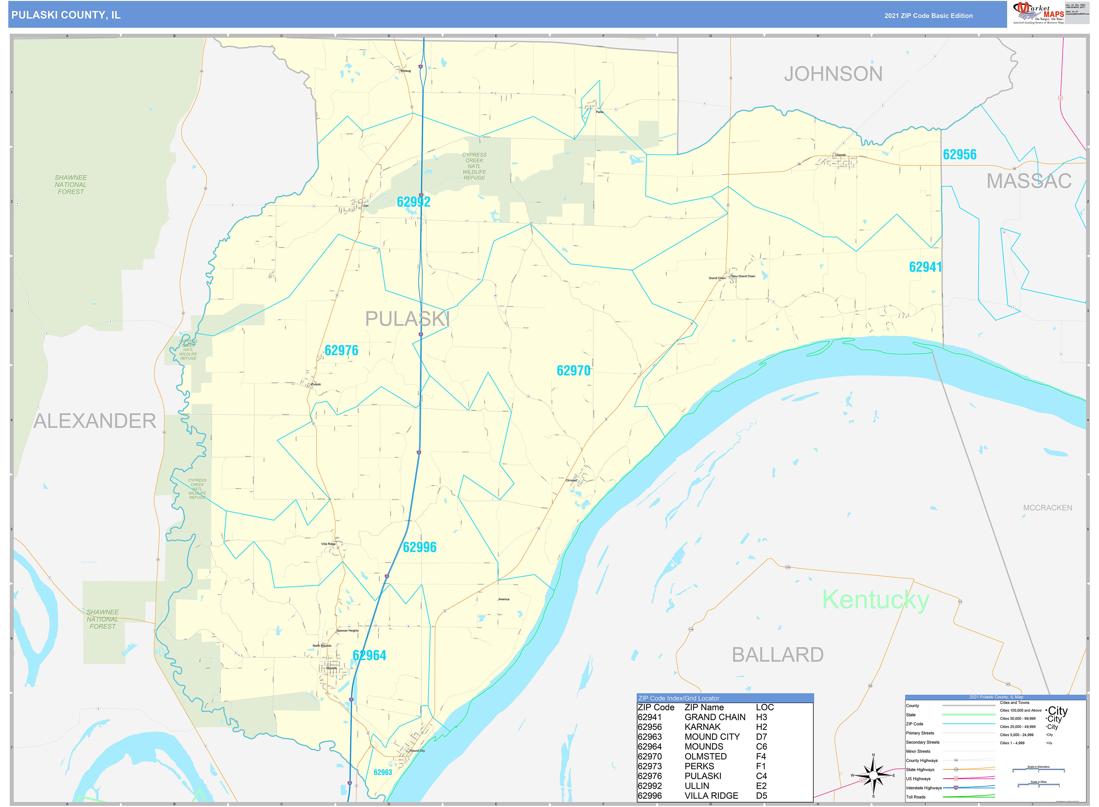 Pulaski County, IL Zip Code Wall Map Basic Style by MarketMAPS MapSales