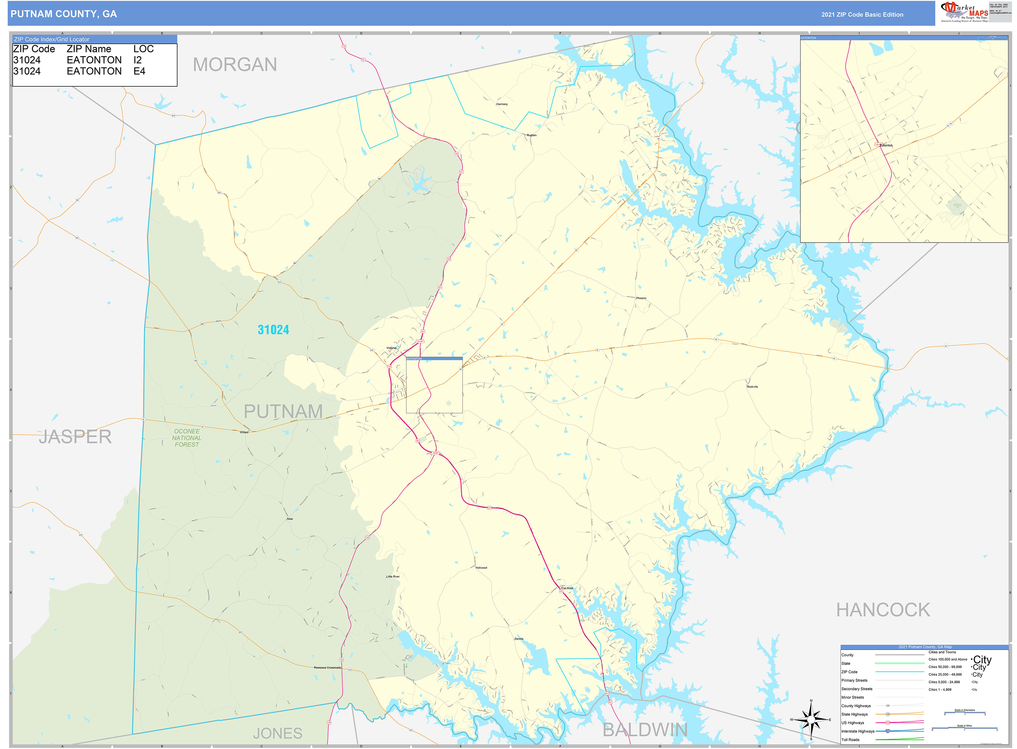 Putnam County, GA Zip Code Wall Map Basic Style by MarketMAPS MapSales
