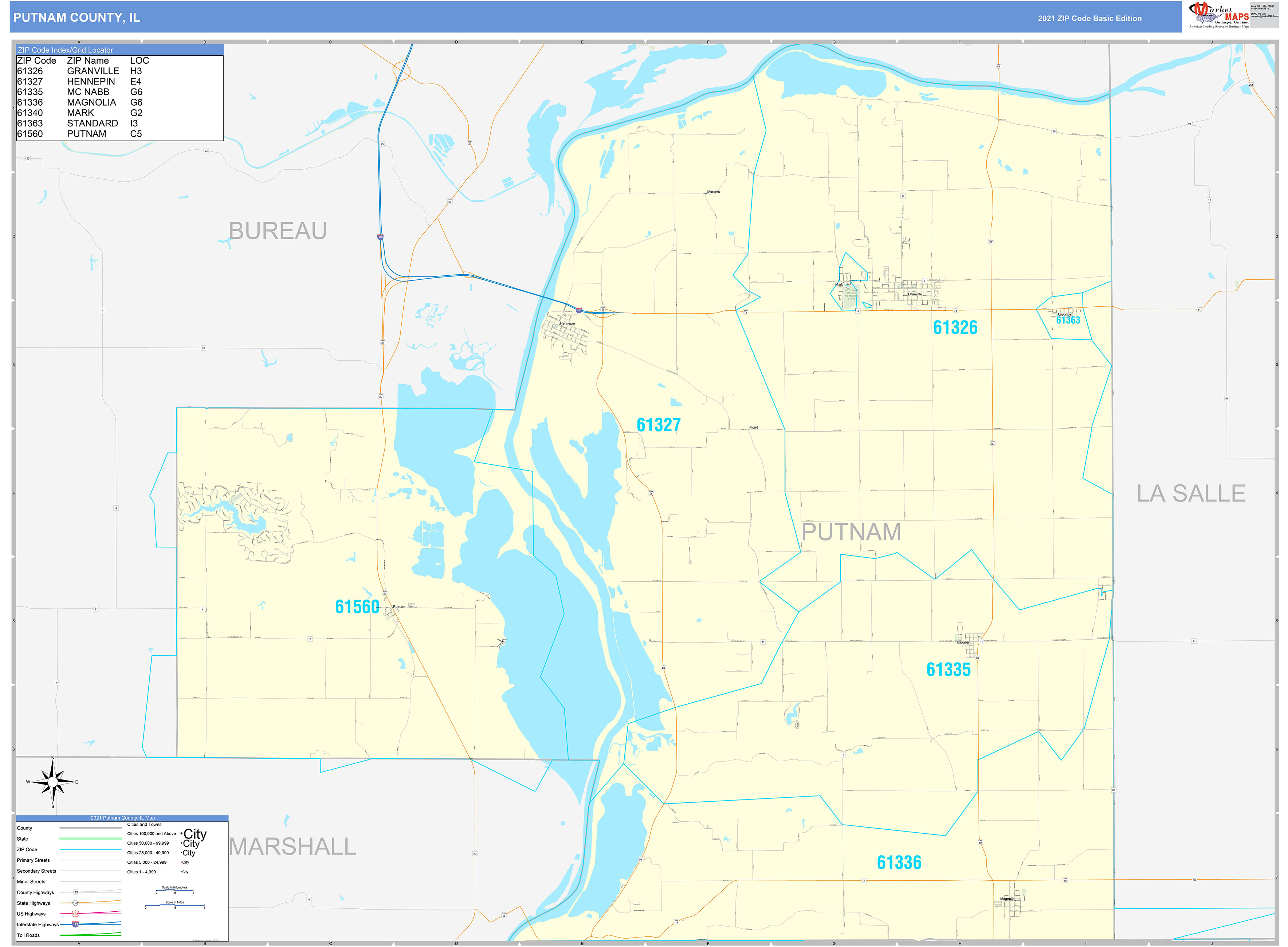 Putnam County, IL Zip Code Wall Map Basic Style by MarketMAPS