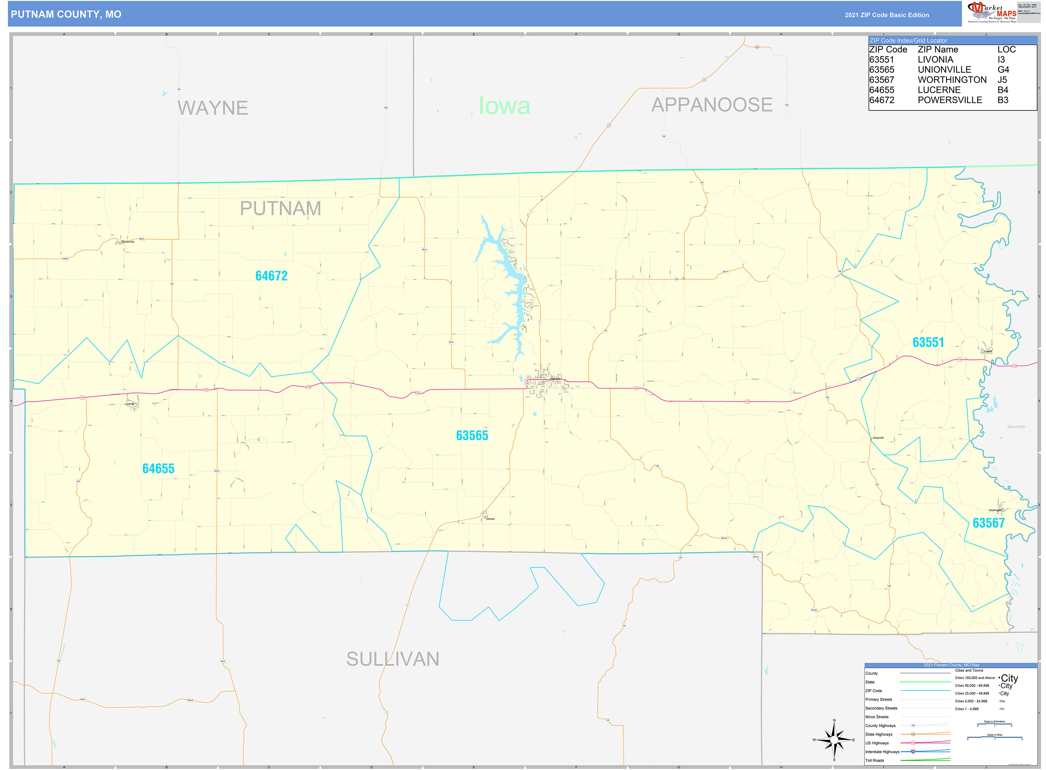 Putnam County, MO Zip Code Wall Map Basic Style by MarketMAPS