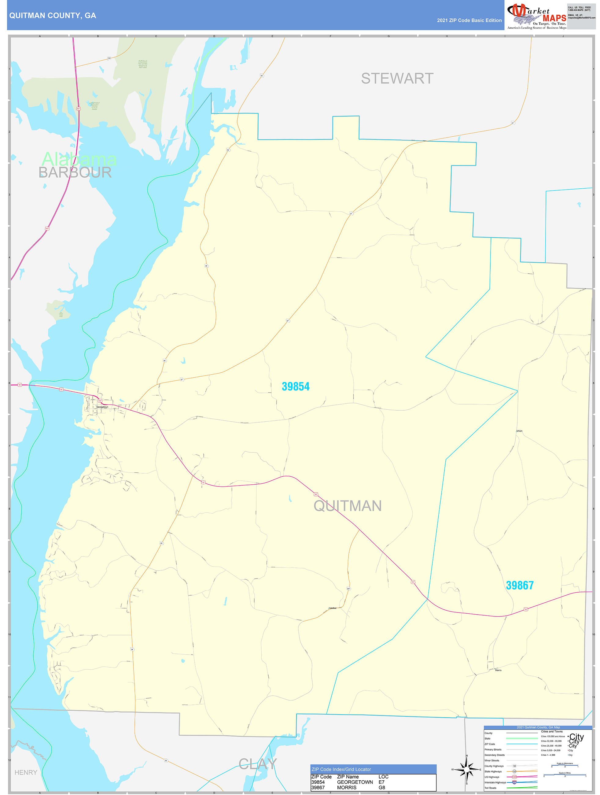 Quitman County, GA Zip Code Wall Map Basic Style by MarketMAPS