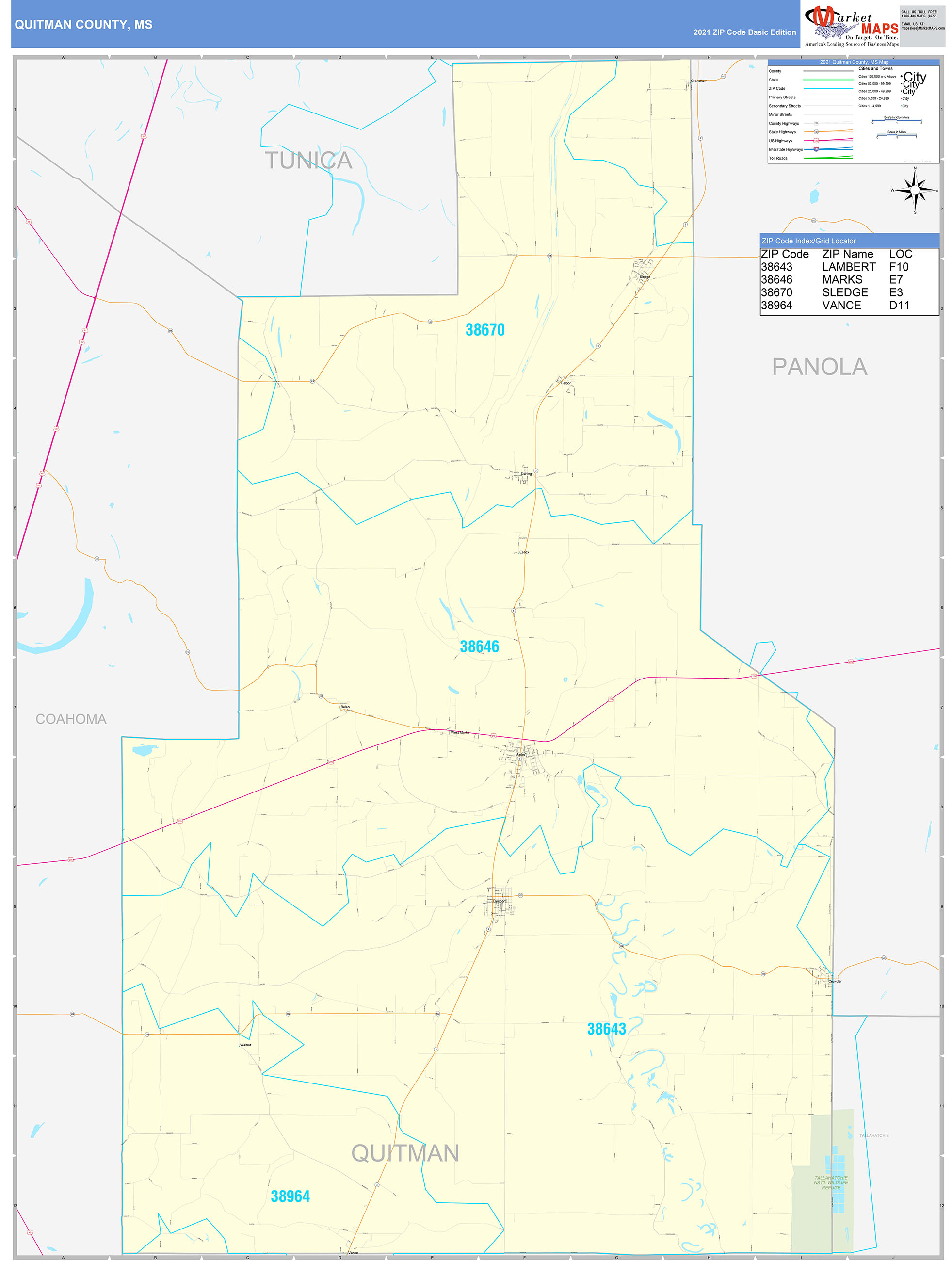 Quitman County, MS Zip Code Wall Map Basic Style by MarketMAPS MapSales