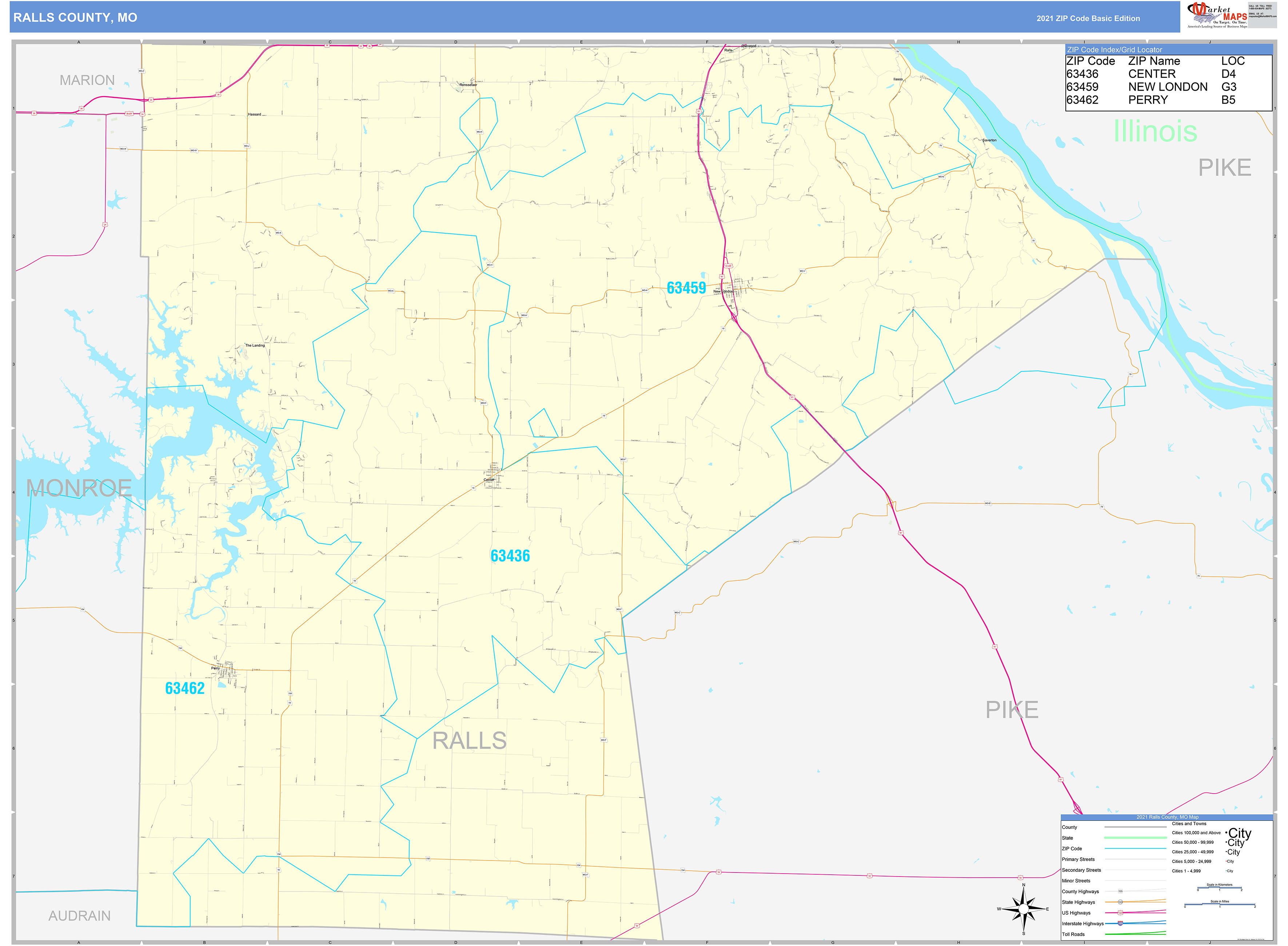 Ralls County, MO Zip Code Wall Map Basic Style by MarketMAPS