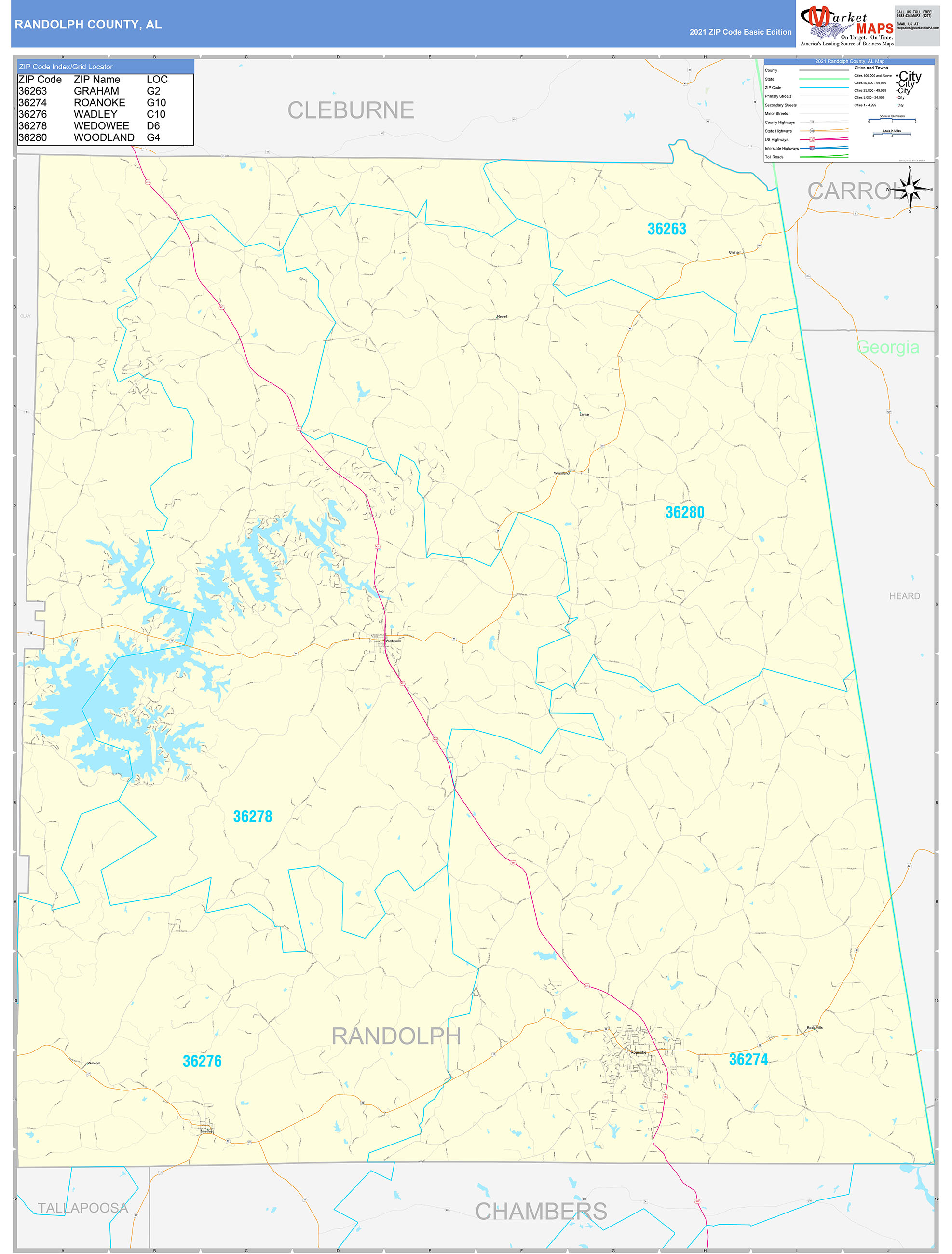 Randolph County, AL Zip Code Wall Map Basic Style by MarketMAPS - MapSales
