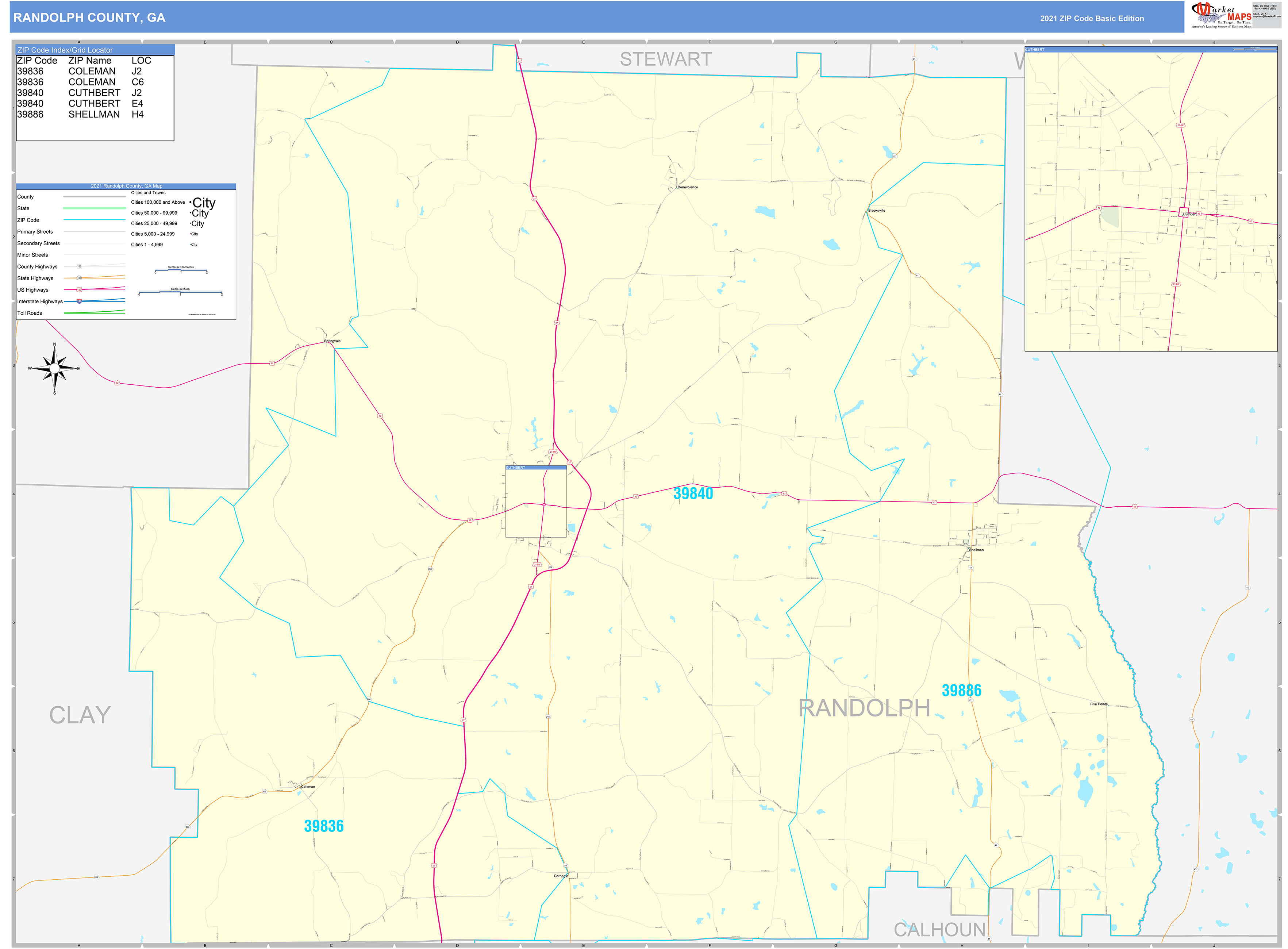 Randolph County, GA Zip Code Wall Map Basic Style by MarketMAPS MapSales