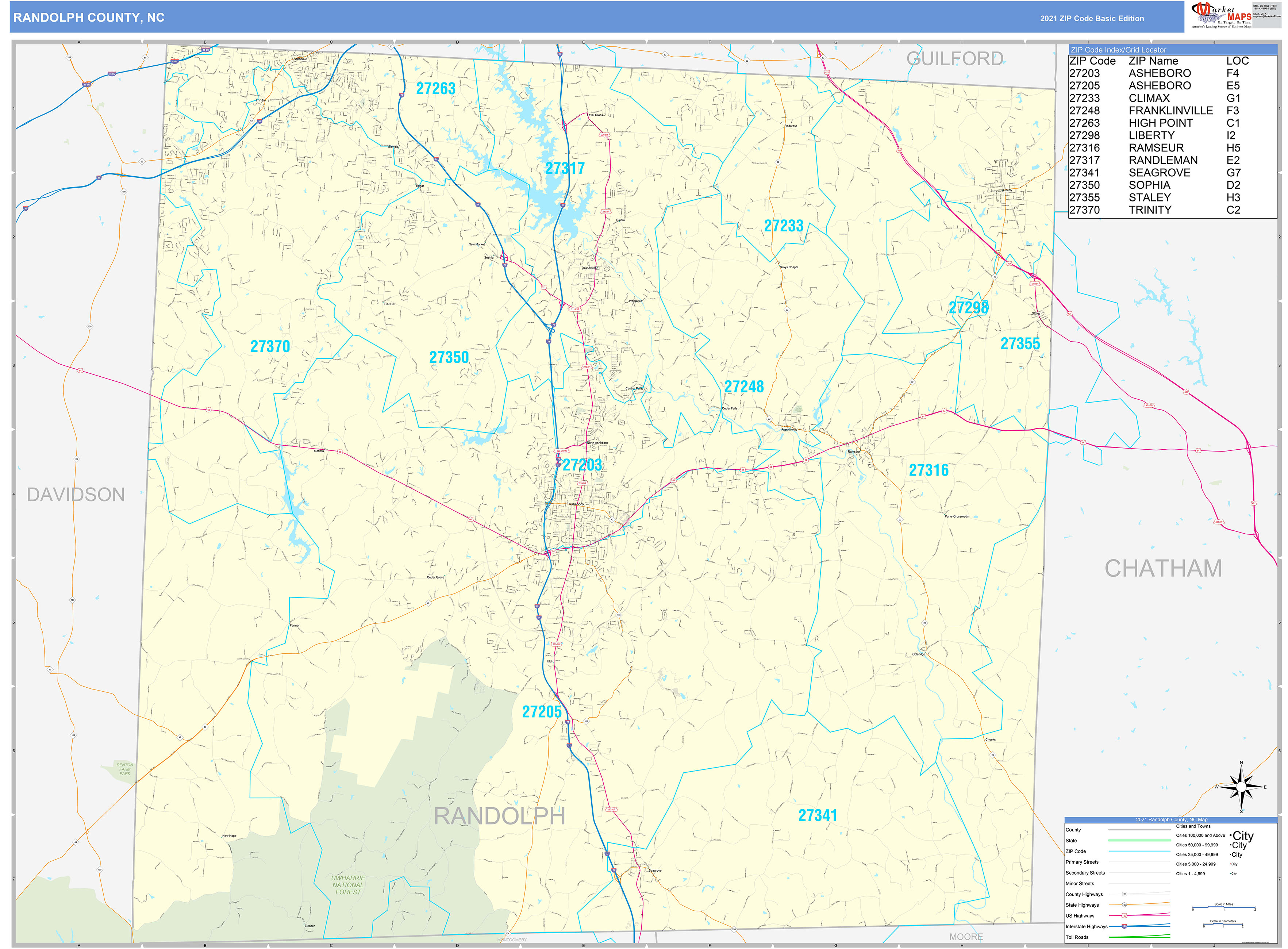 Randolph County, NC Zip Code Wall Map Basic Style by MarketMAPS MapSales