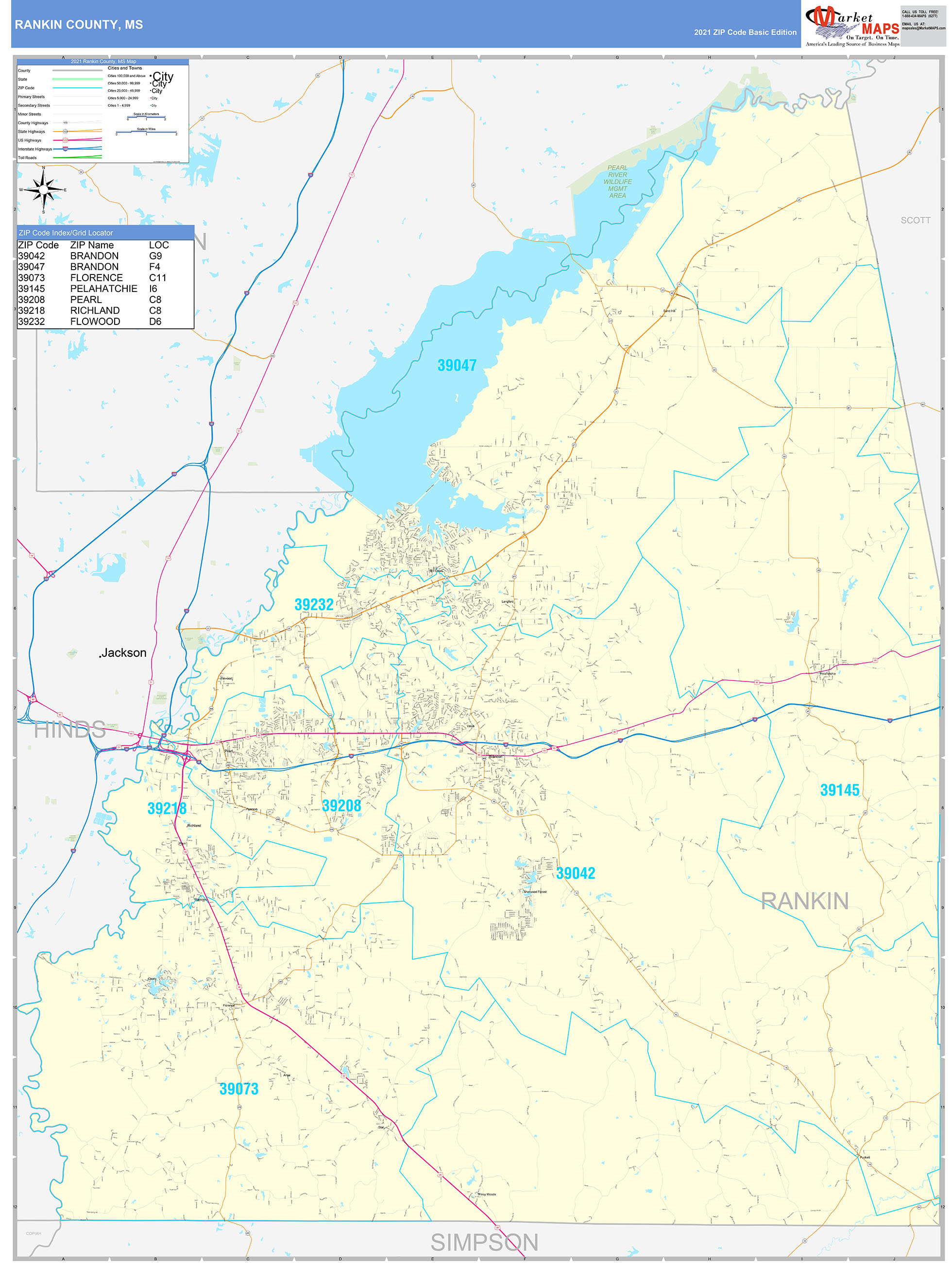 Rankin County, MS Zip Code Wall Map Basic Style by MarketMAPS MapSales
