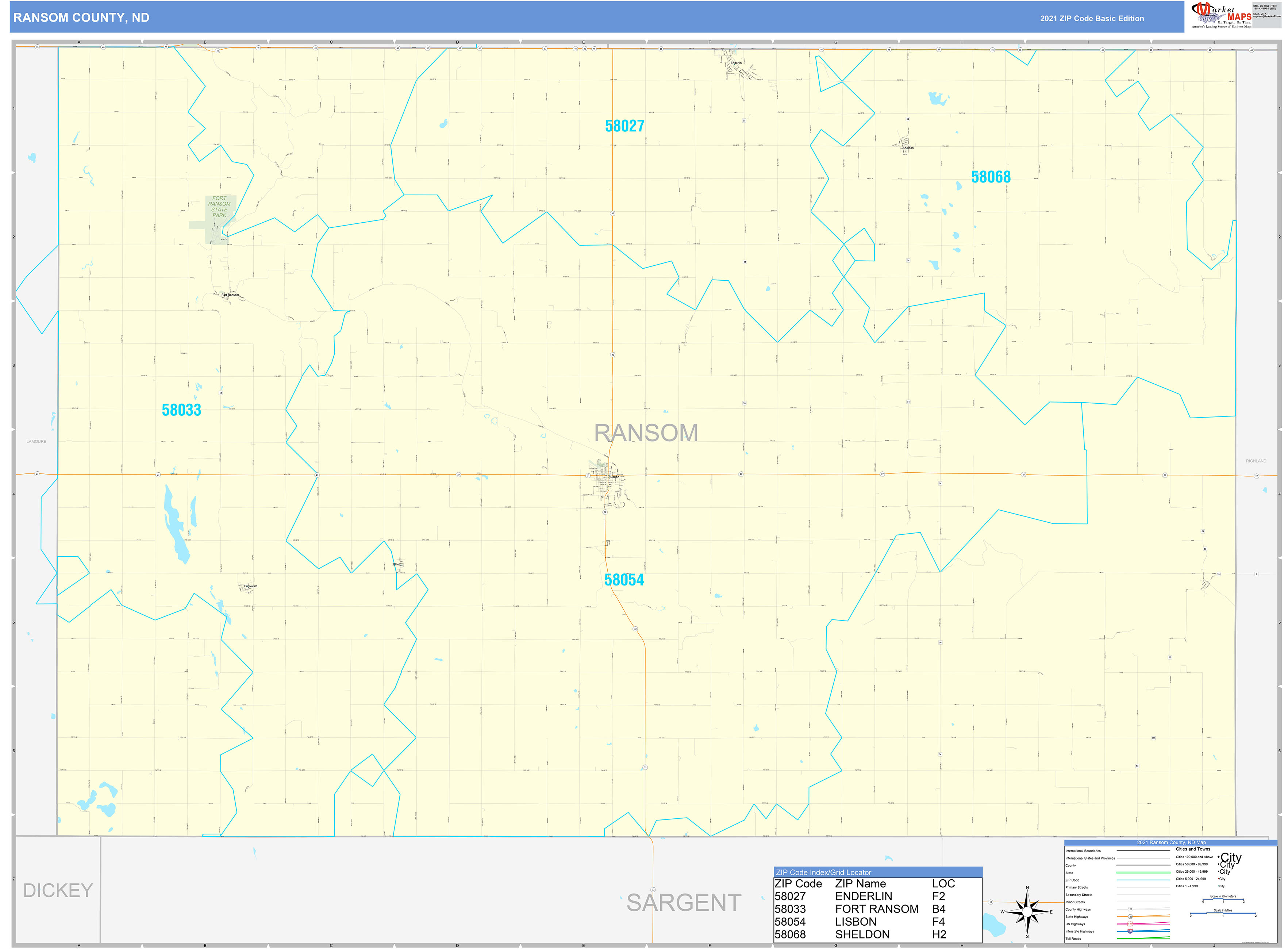 Ransom County, ND Zip Code Wall Map Basic Style by MarketMAPS