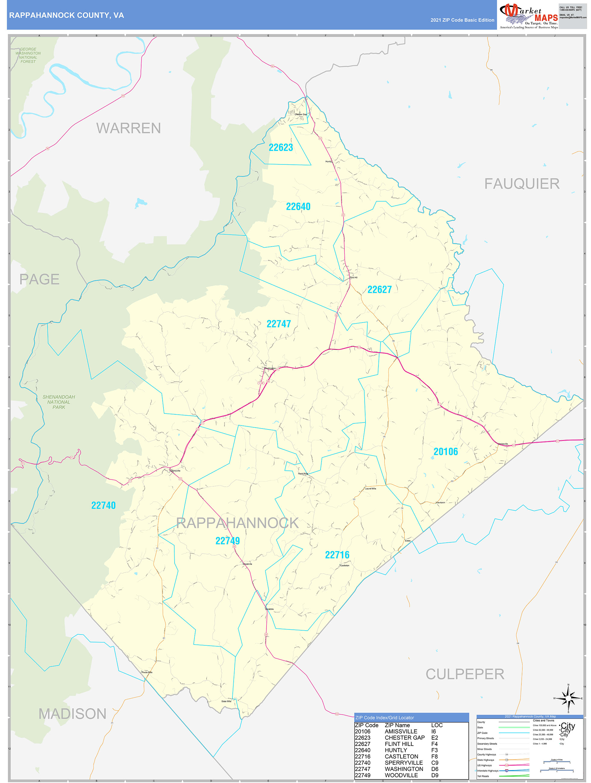 Rappahannock County, VA Zip Code Wall Map