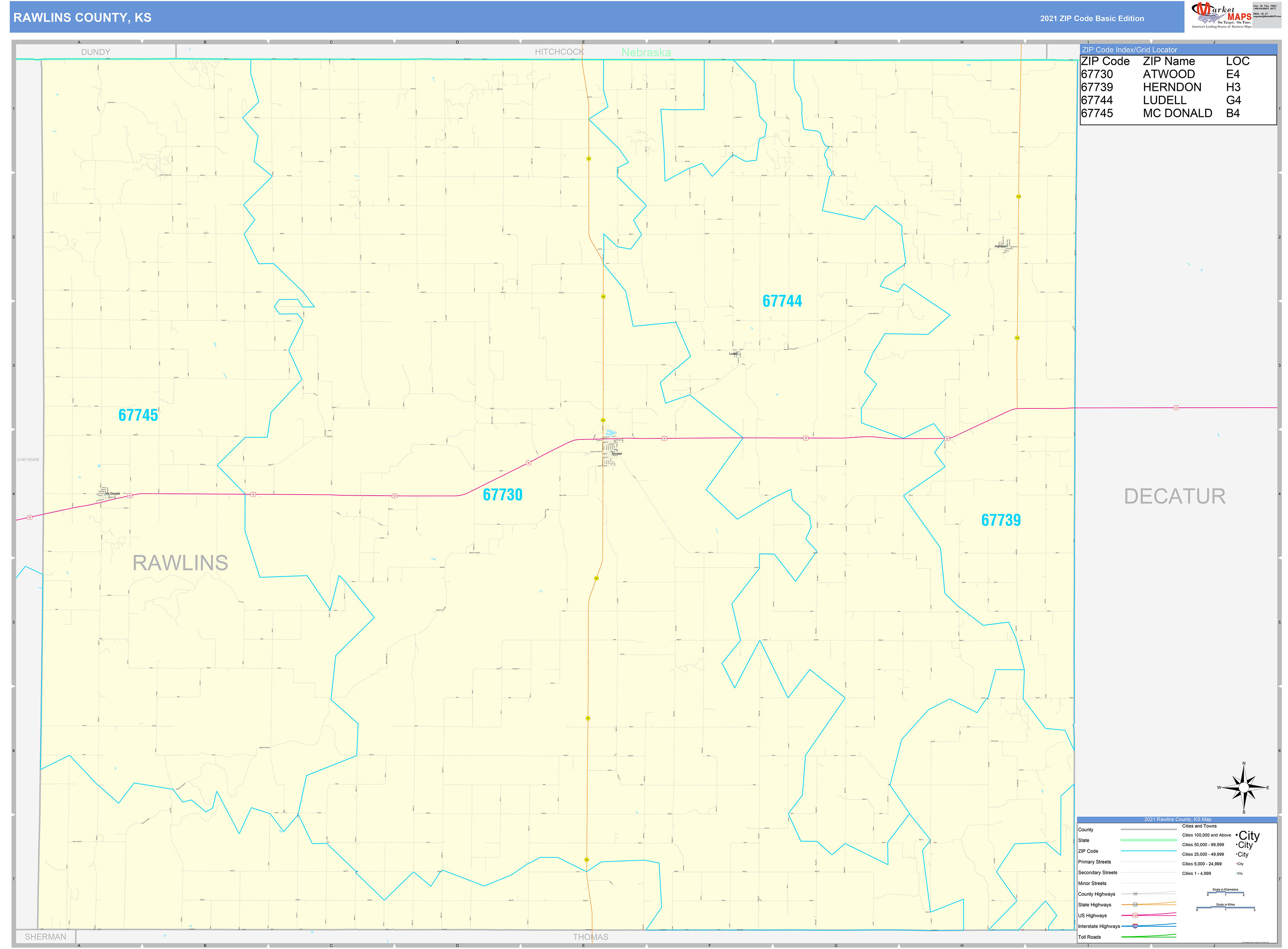 Rawlins County, KS Zip Code Wall Map Basic Style by MarketMAPS