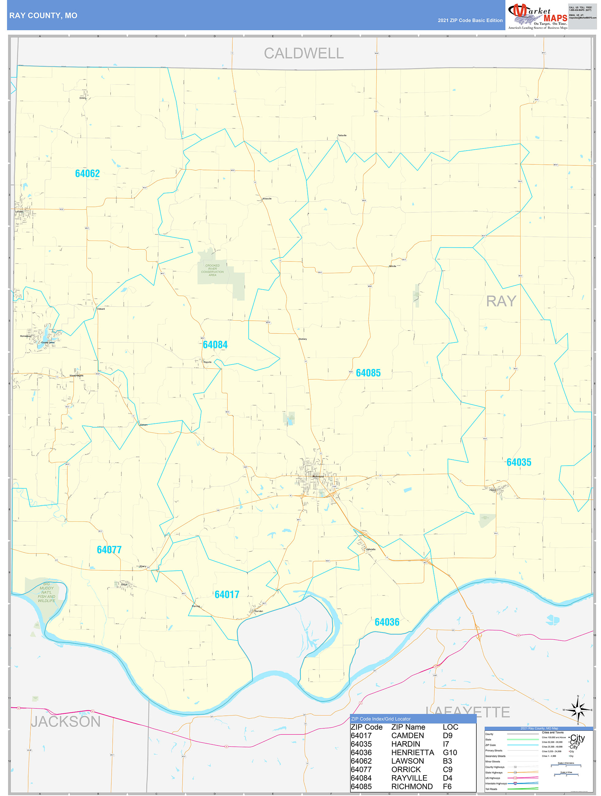 Ray County, MO Zip Code Wall Map Basic Style by MarketMAPS MapSales