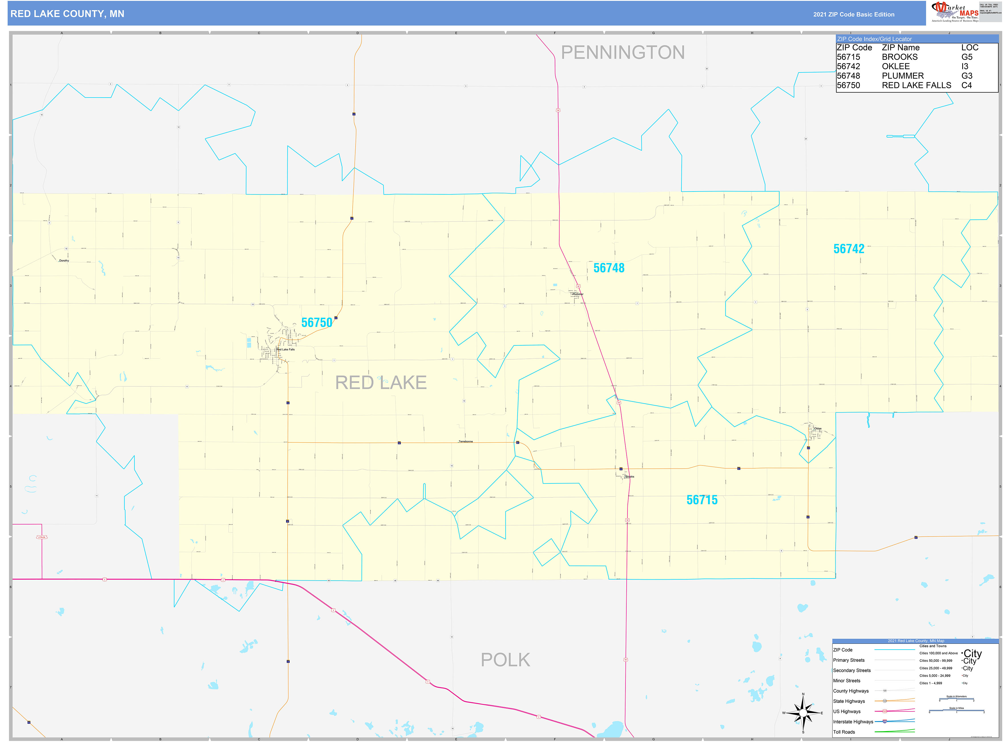 Red Lake County, MN Zip Code Wall Map Basic Style by MarketMAPS MapSales