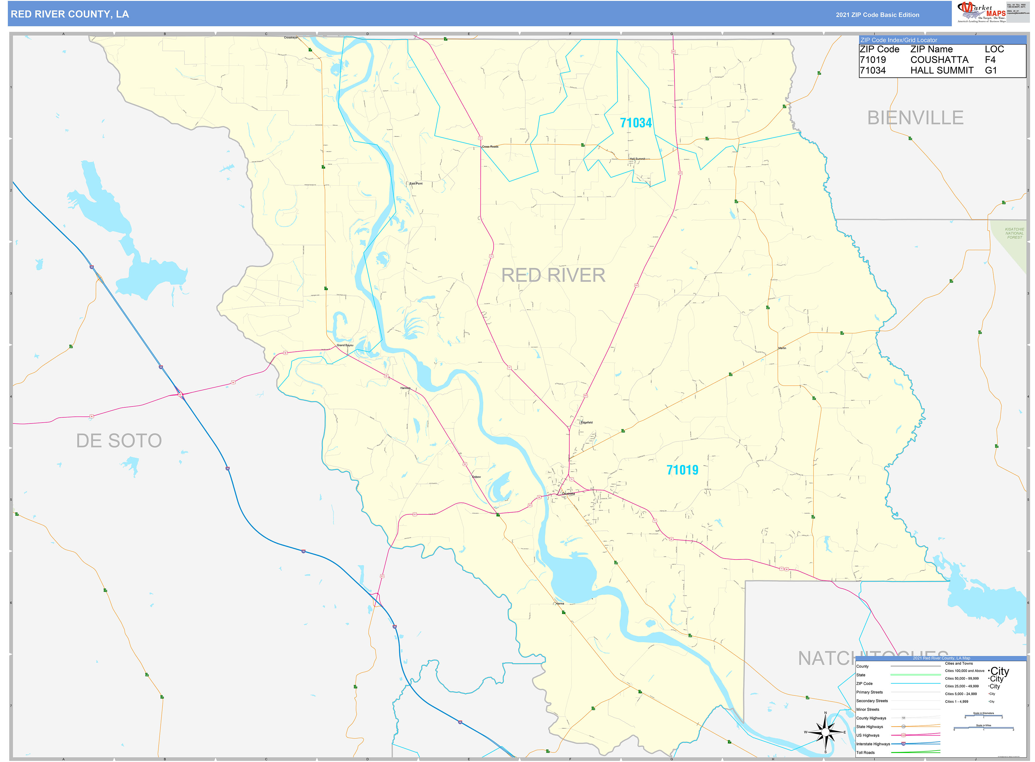 Red River County, LA Zip Code Wall Map Basic Style by MarketMAPS