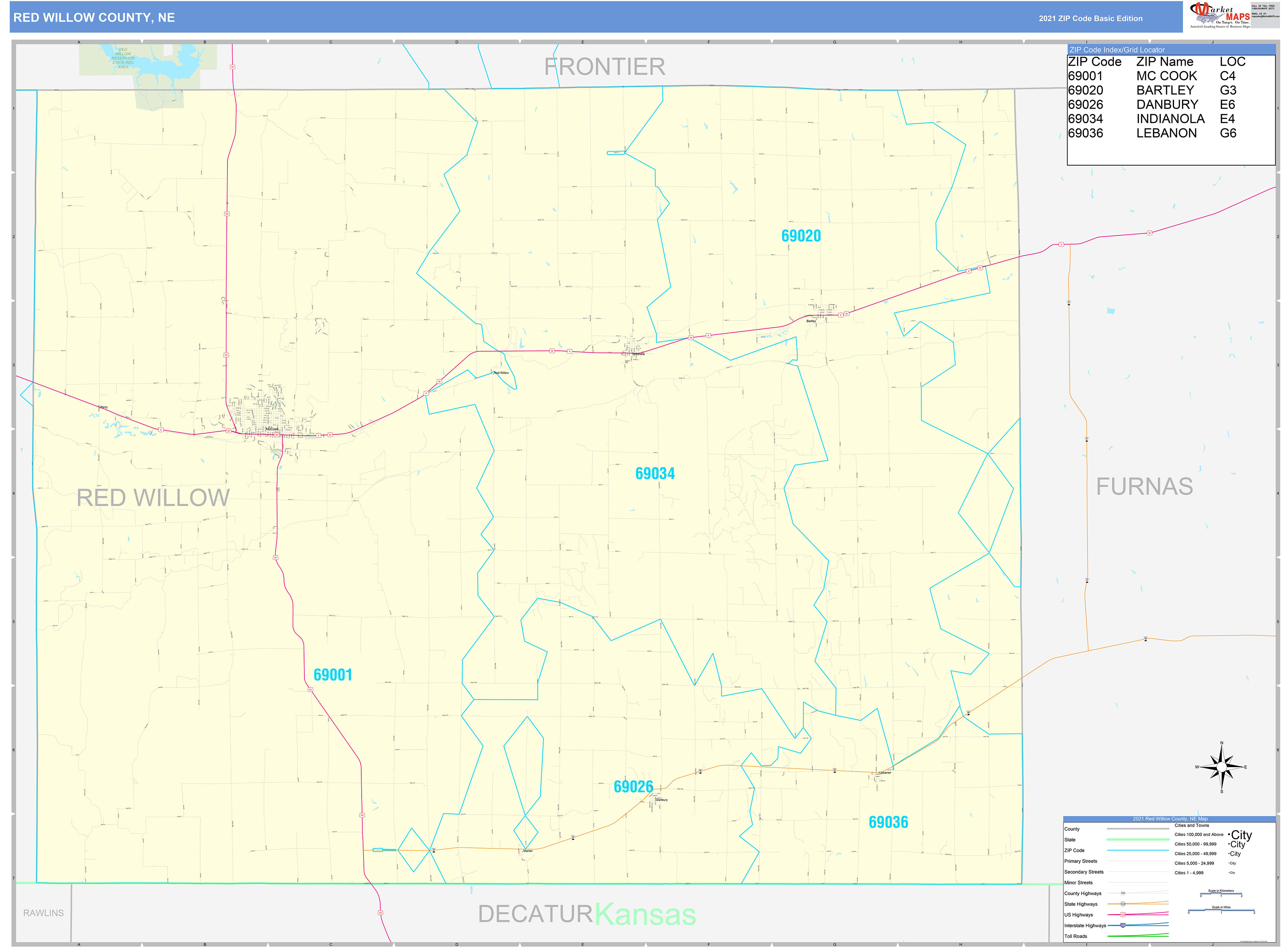 Red Willow County, NE Zip Code Wall Map Basic Style by MarketMAPS