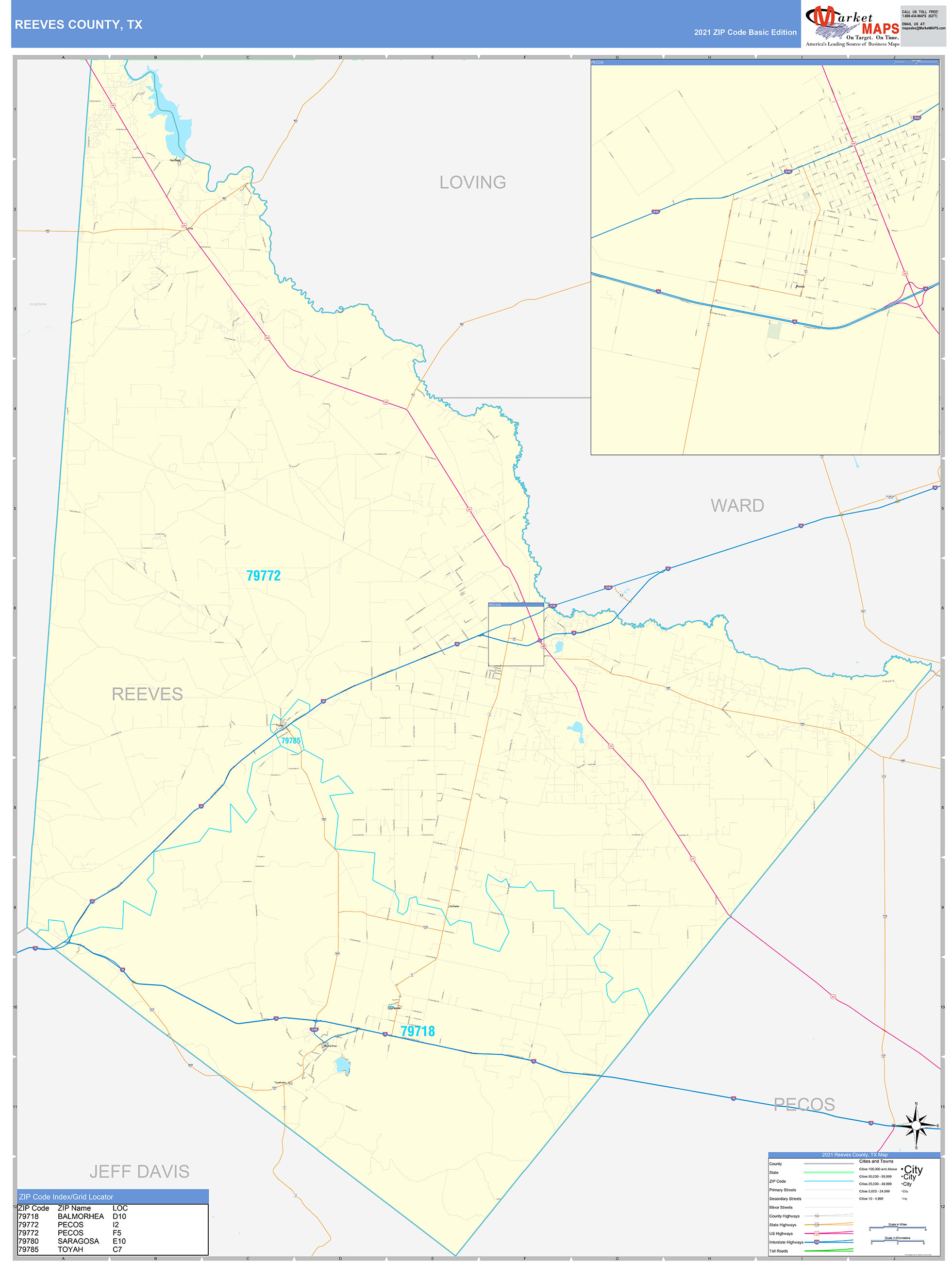 Reeves County, TX Zip Code Wall Map Basic Style by MarketMAPS MapSales