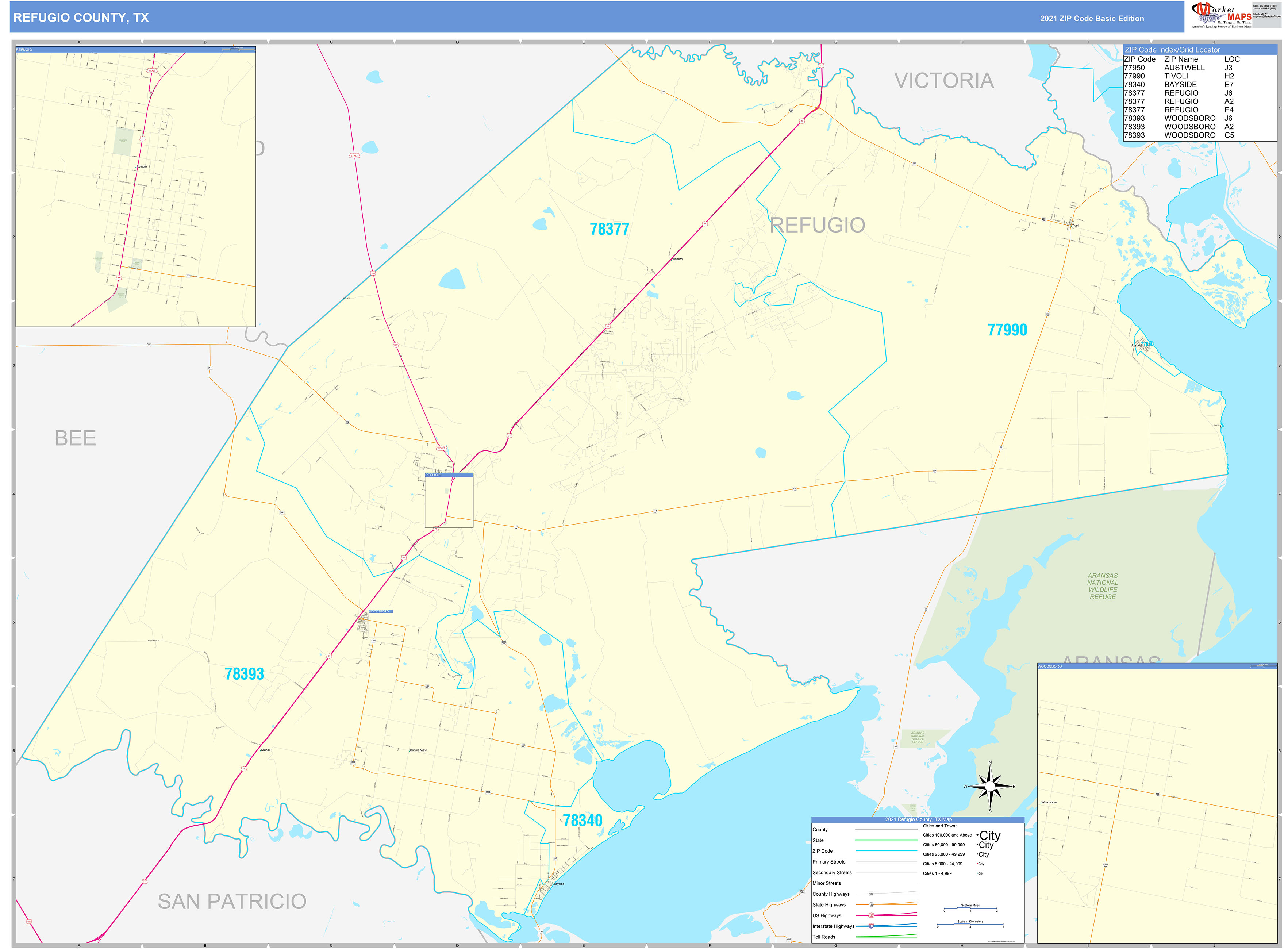 Refugio County, TX Zip Code Wall Map Basic Style by MarketMAPS