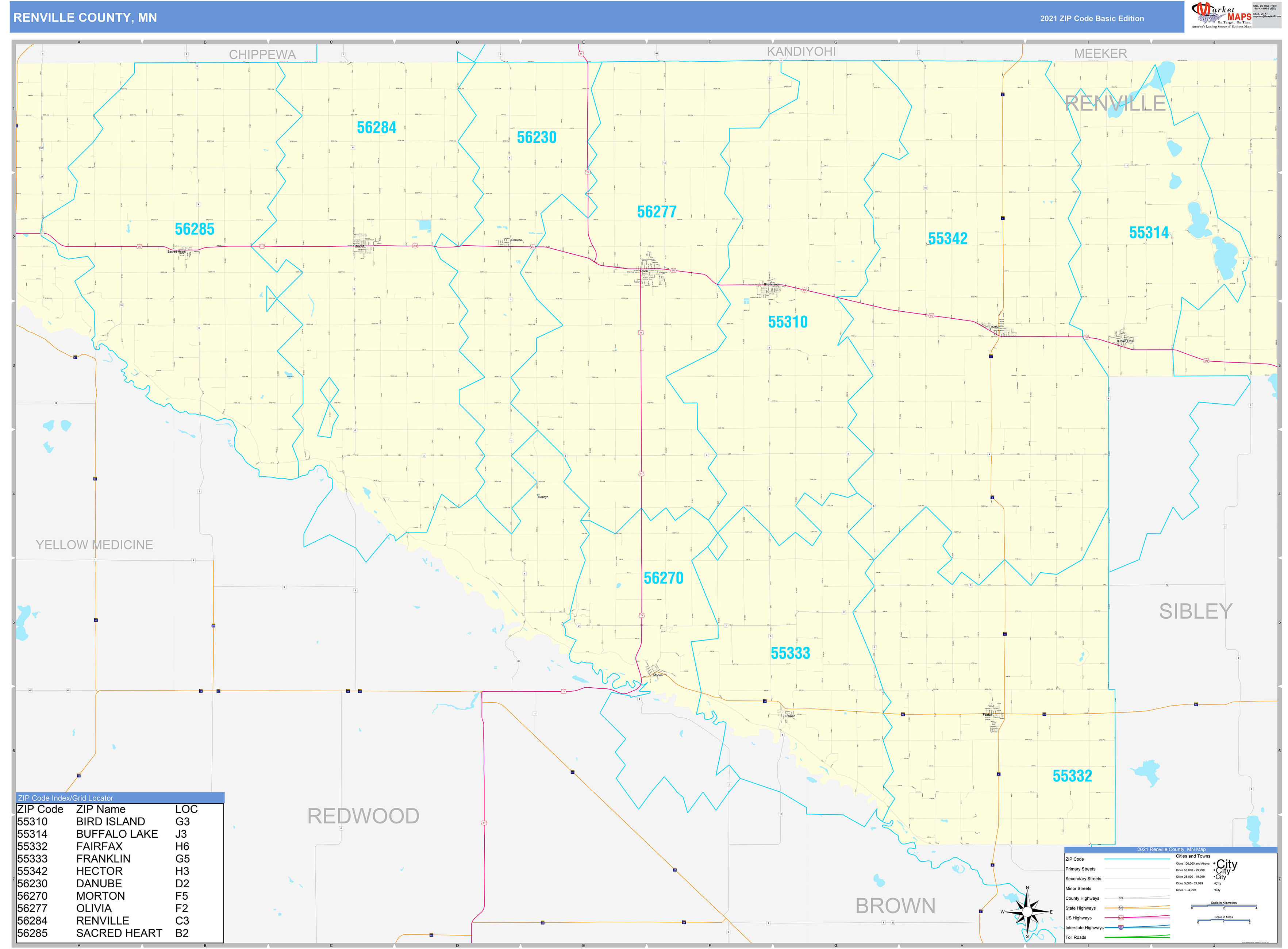 Renville County, MN Zip Code Wall Map Basic Style by MarketMAPS