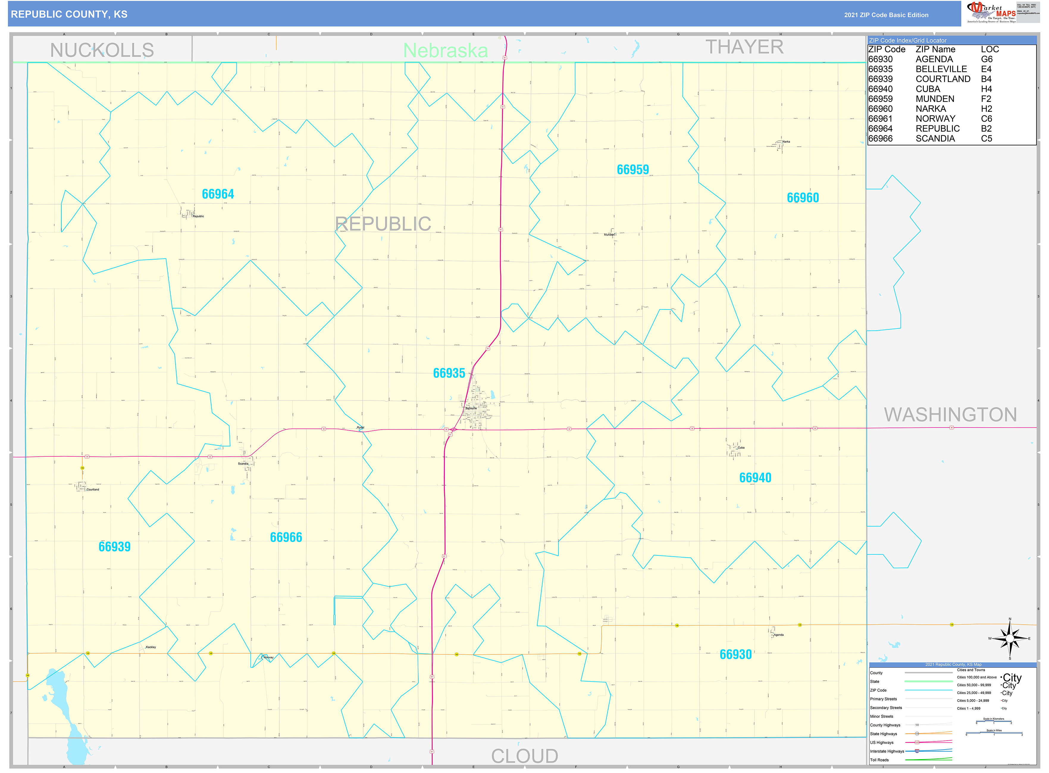 Republic County, KS Zip Code Wall Map Basic Style by MarketMAPS MapSales