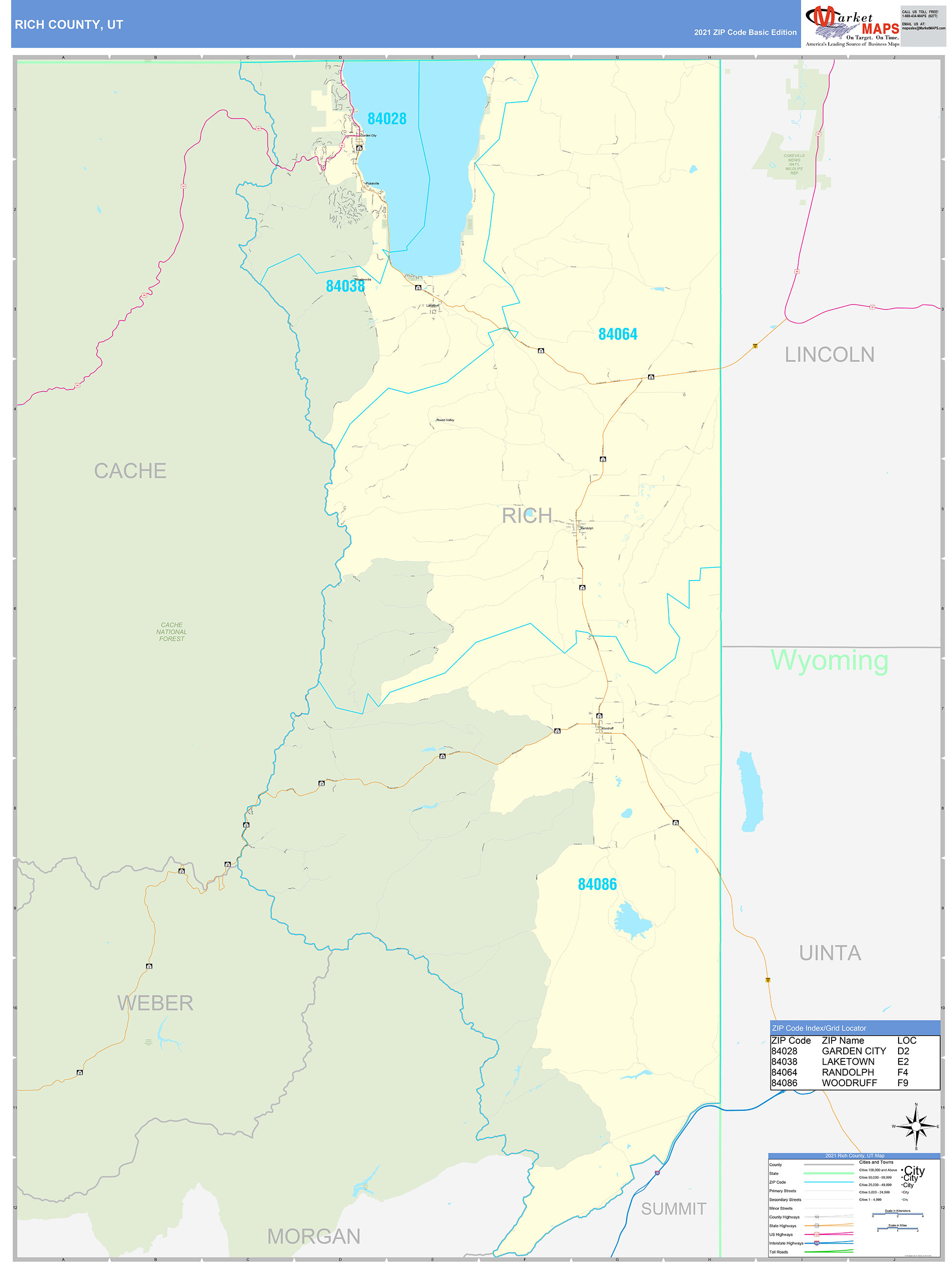 Rich County, UT Zip Code Wall Map Basic Style by MarketMAPS