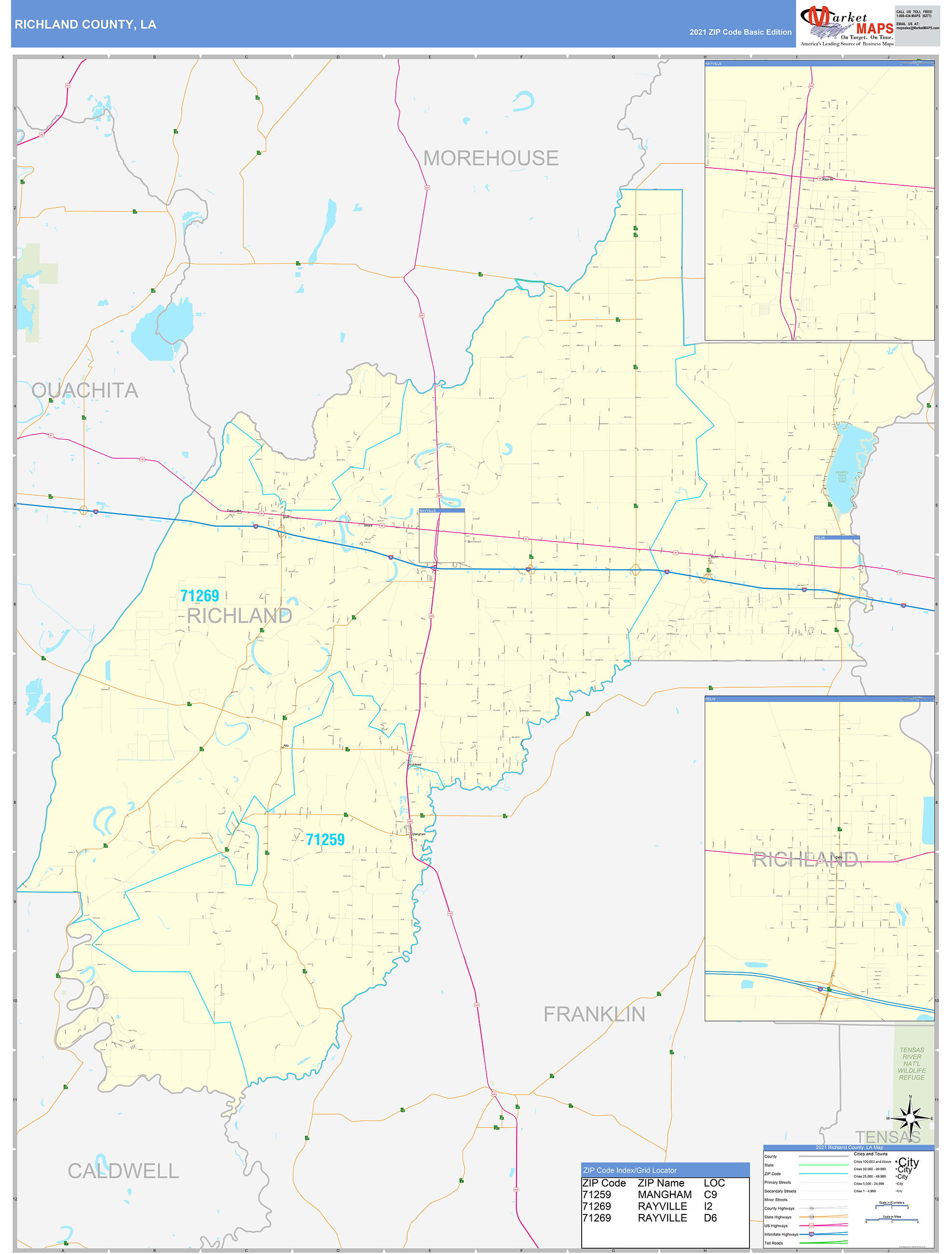 Richland County, LA Zip Code Wall Map Basic Style by MarketMAPS
