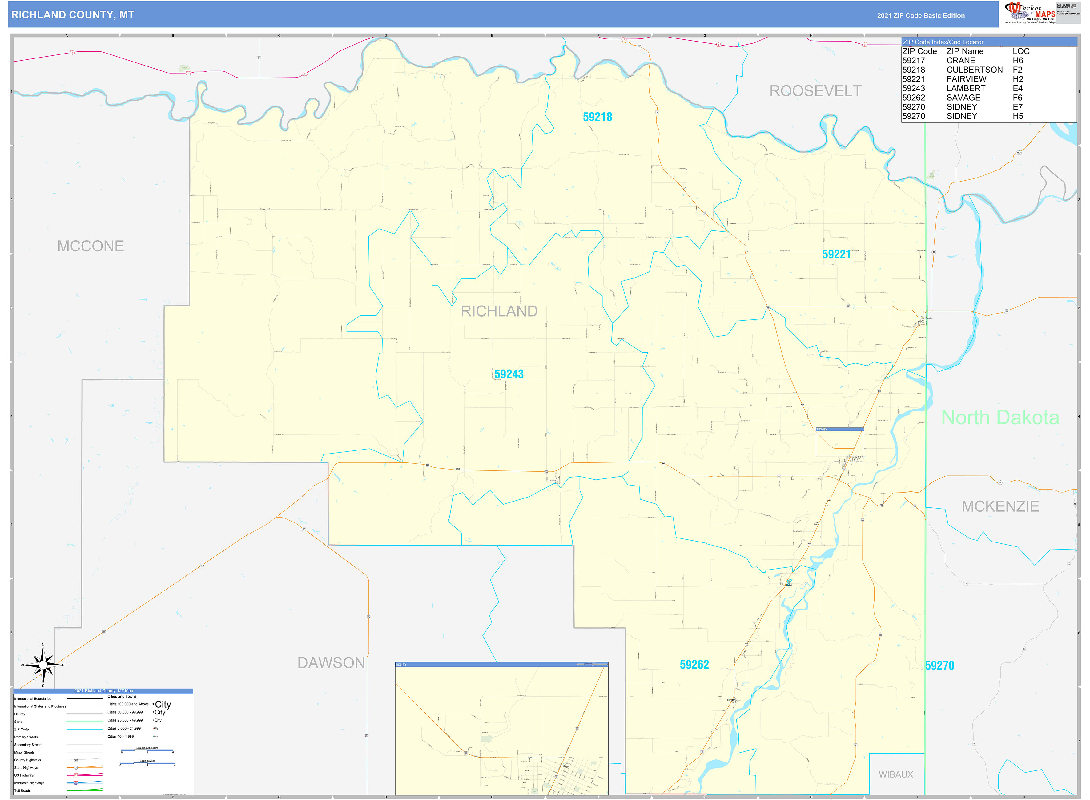 Richland County, MT Zip Code Wall Map Basic Style by MarketMAPS MapSales