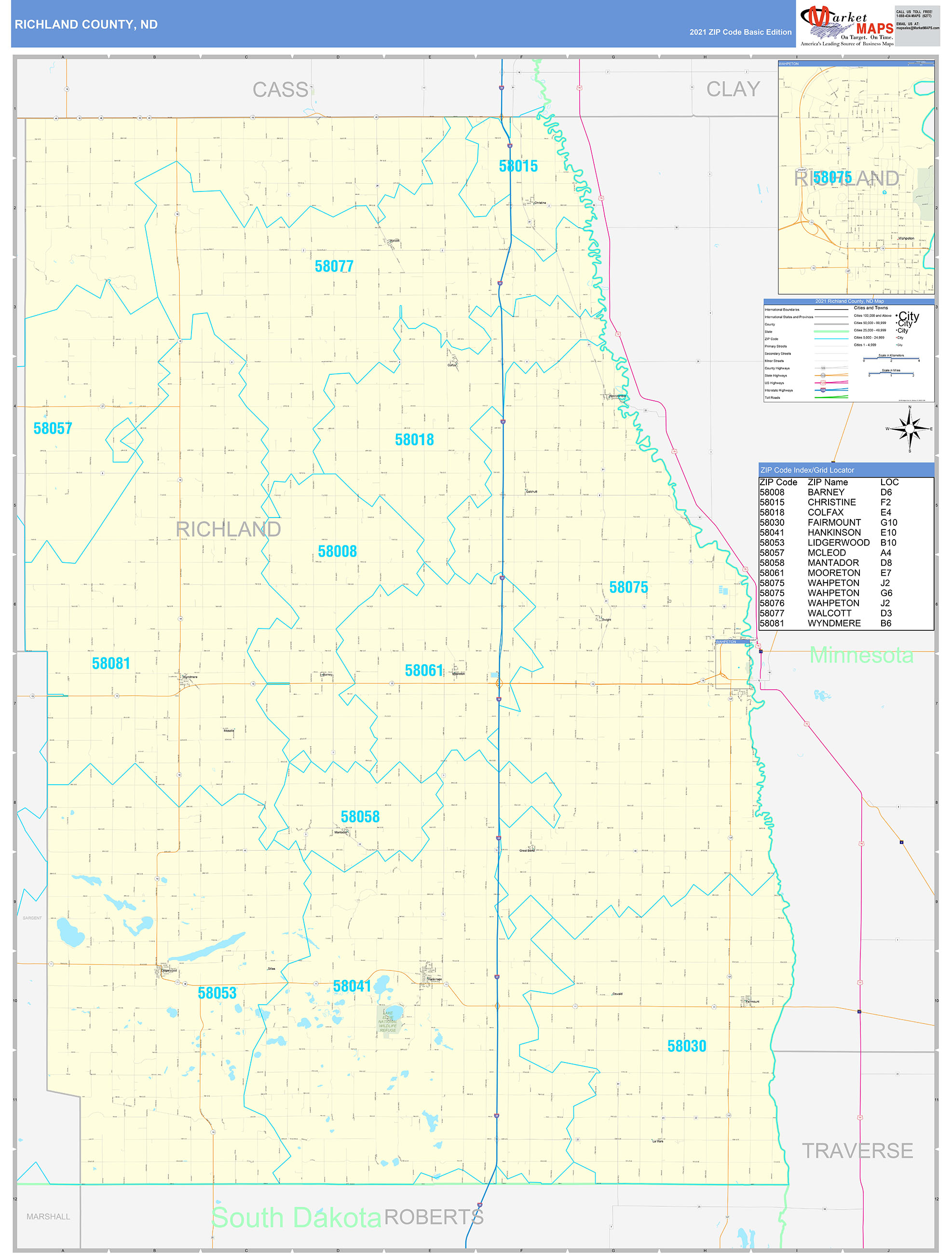Richland County, ND Zip Code Wall Map Basic Style by MarketMAPS
