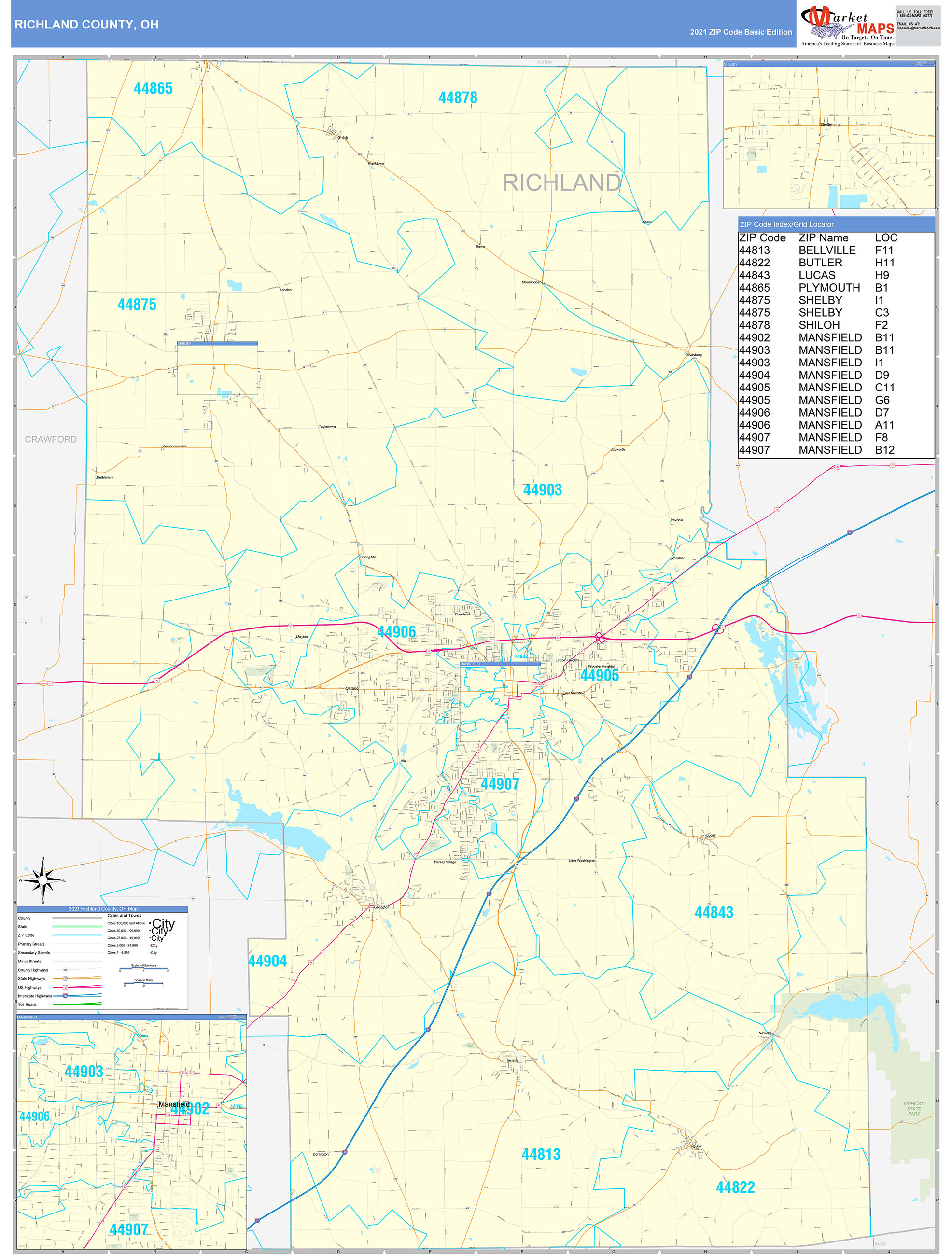 Richland County, OH Zip Code Wall Map Basic Style by MarketMAPS