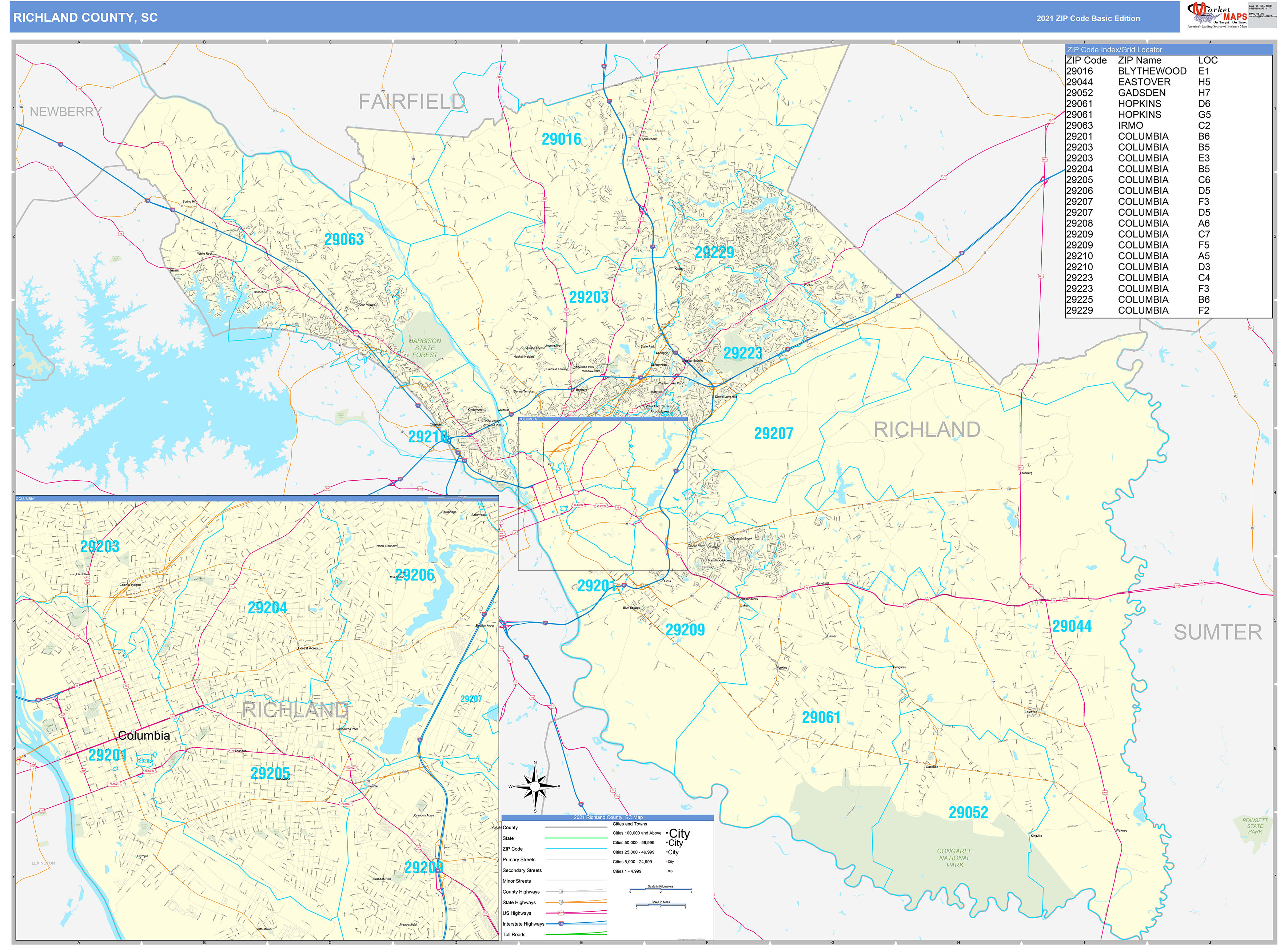 Richland County, SC Zip Code Wall Map Basic Style by MarketMAPS