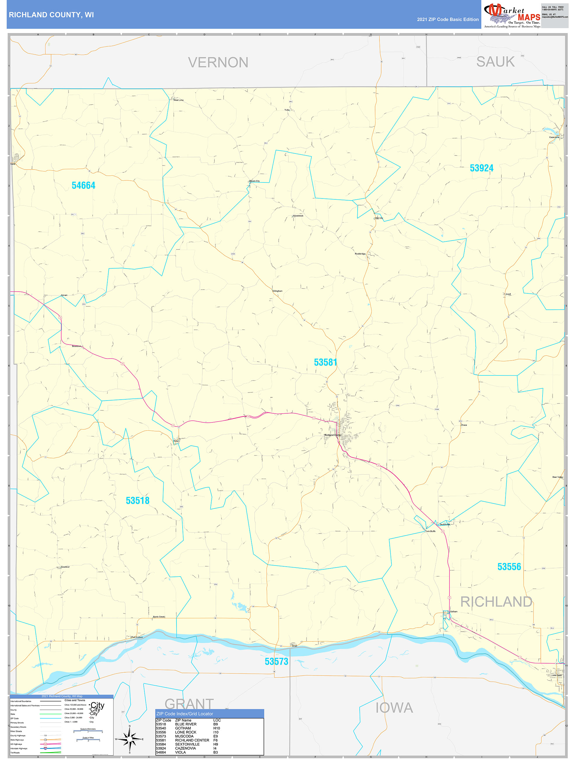 richland-county-wi-zip-code-wall-map-basic-style-by-marketmaps-mapsales