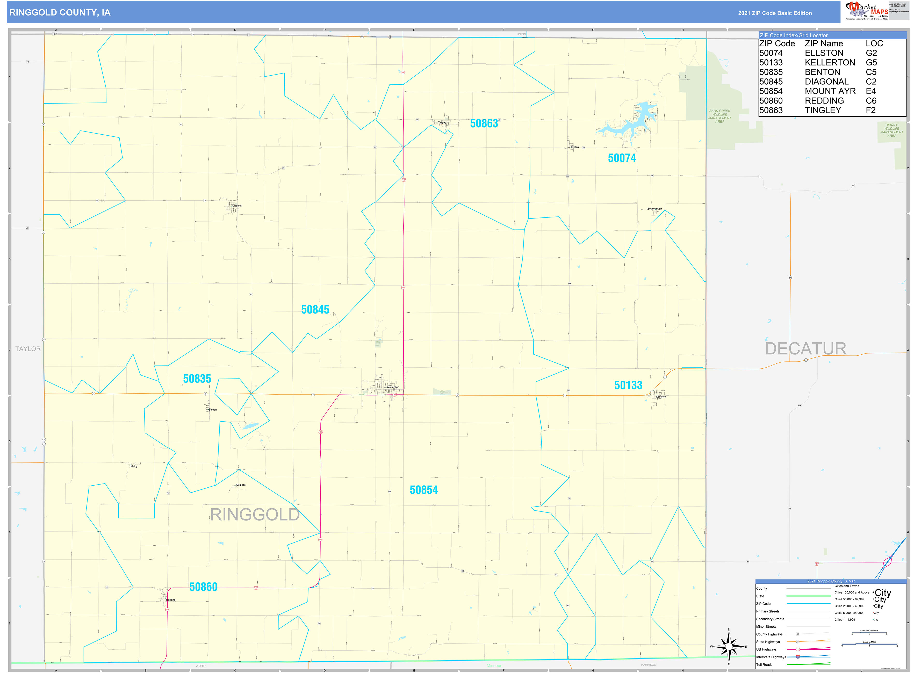 Ringgold County, IA Zip Code Wall Map Basic Style by MarketMAPS