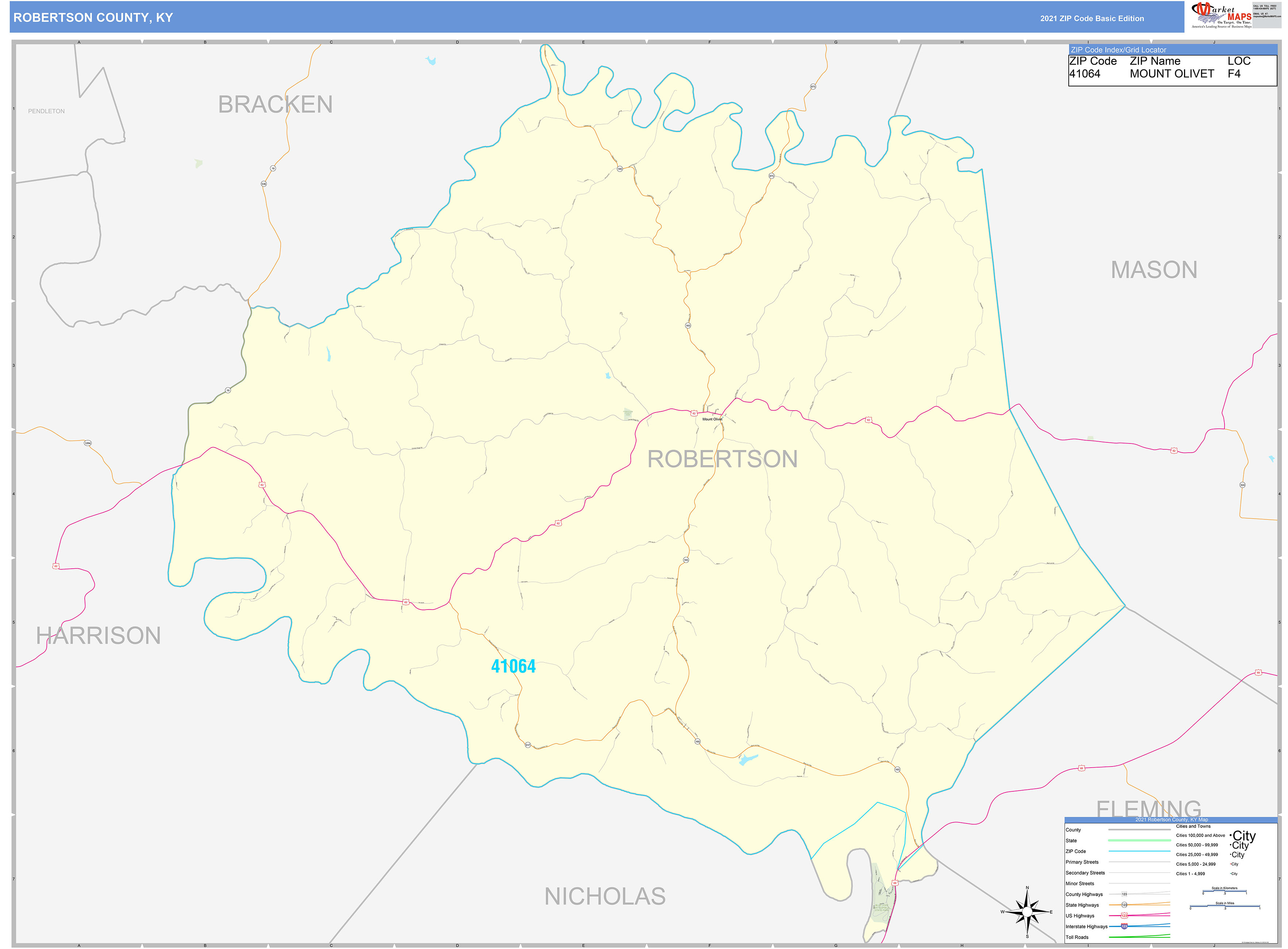 Robertson County, KY Zip Code Wall Map Basic Style by MarketMAPS
