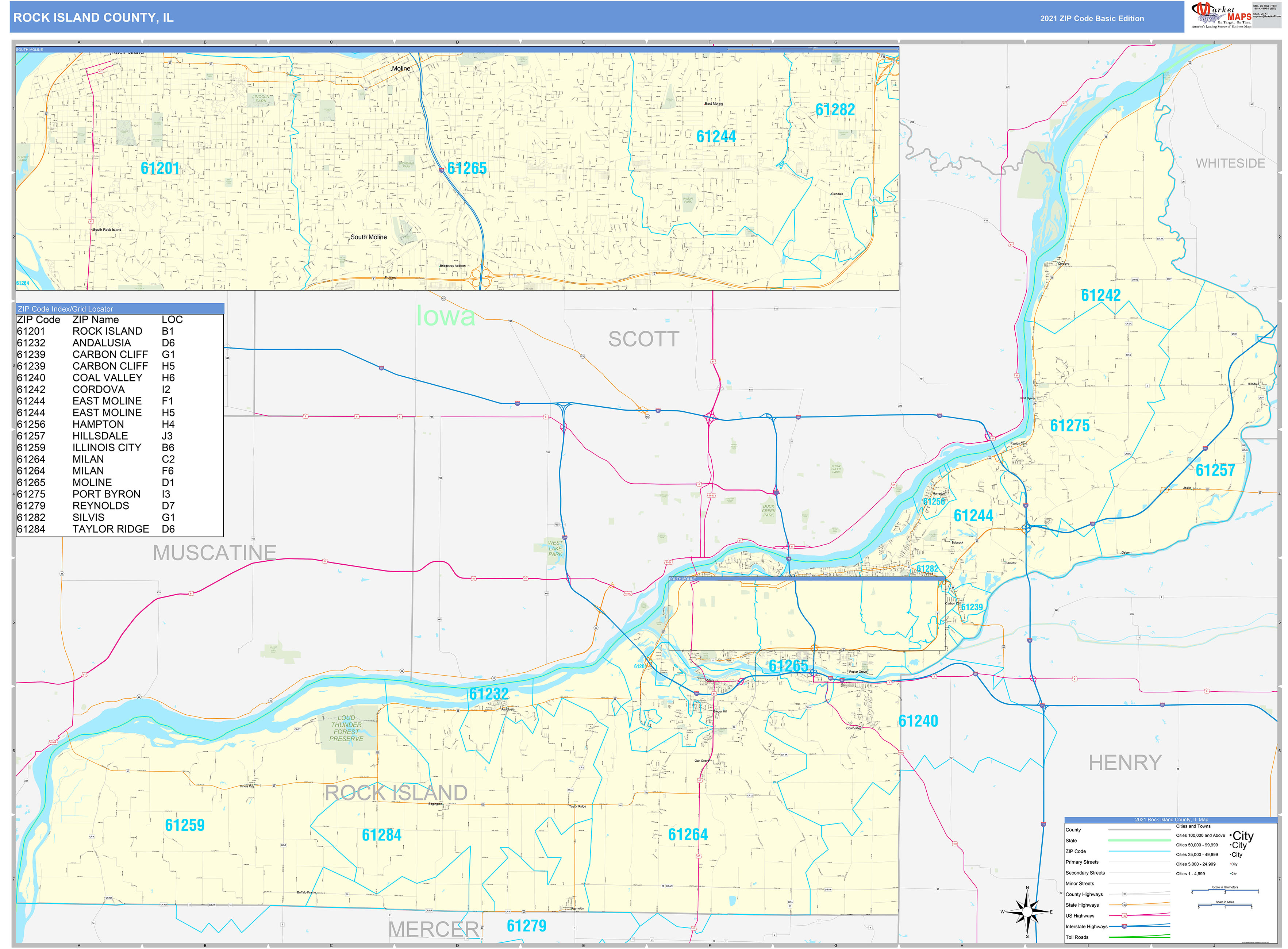 Rock Island County, IL Zip Code Wall Map Basic Style by MarketMAPS MapSales