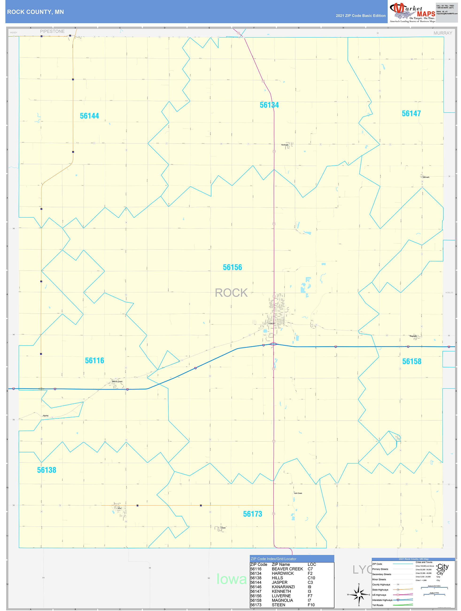 Rock County, MN Zip Code Wall Map Basic Style by MarketMAPS