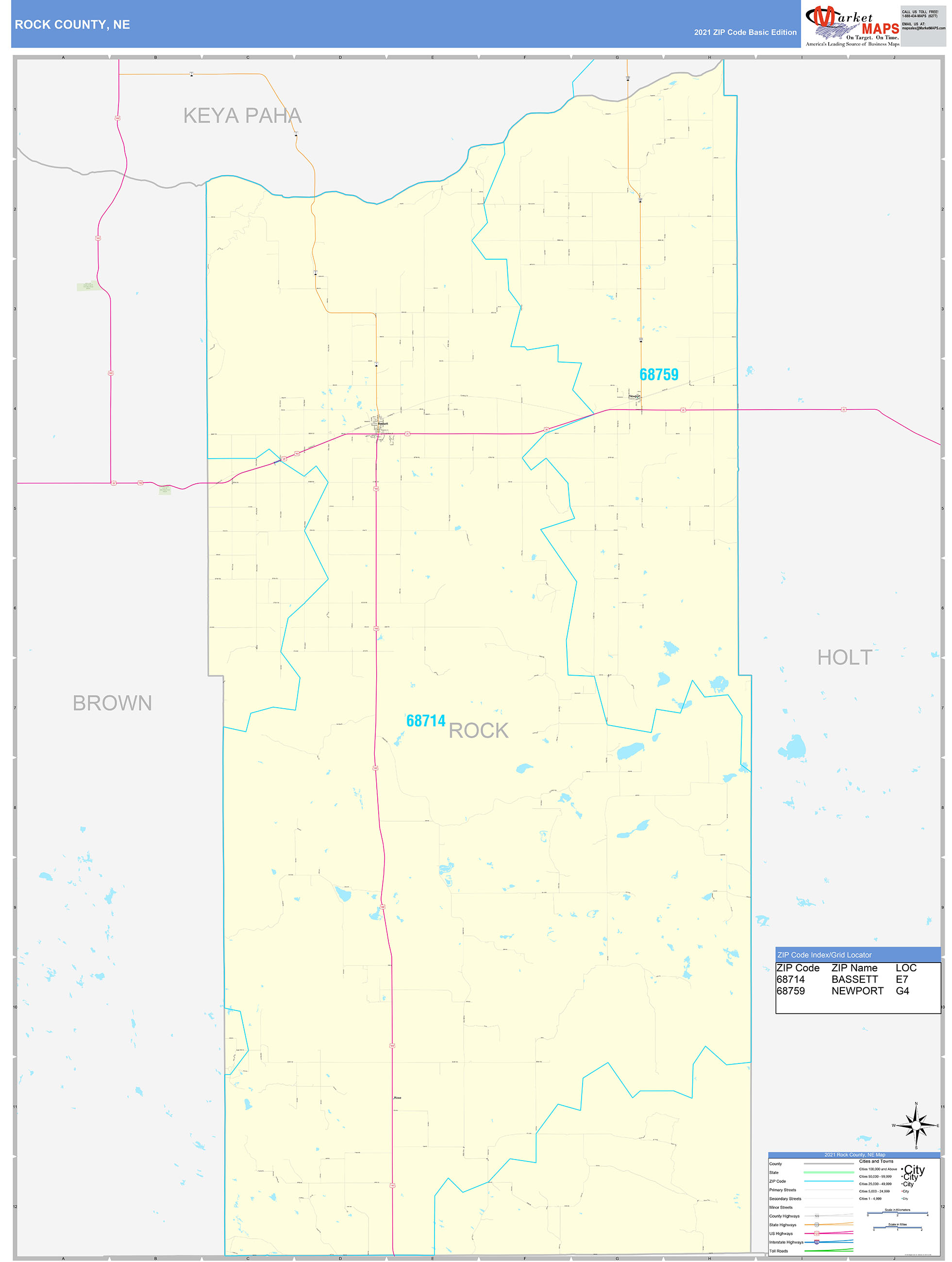 Rock County, NE Zip Code Wall Map Basic Style by MarketMAPS