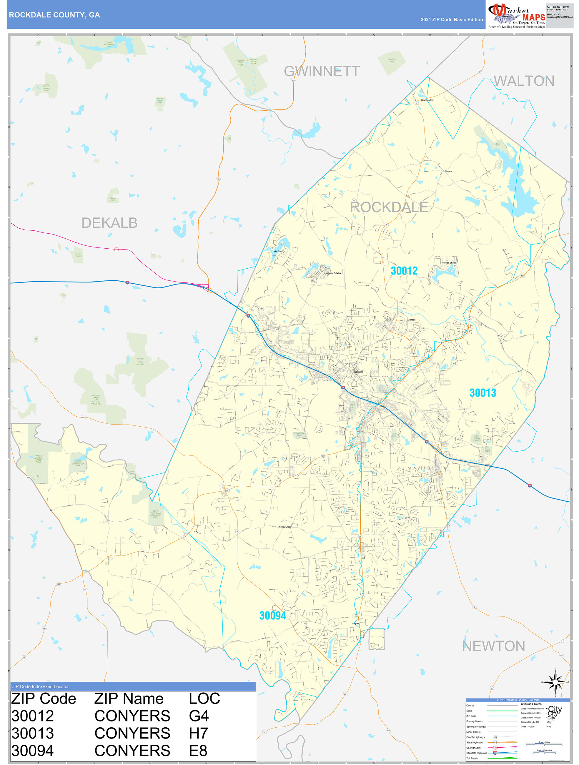 Rockdale County, GA Zip Code Wall Map Basic Style by MarketMAPS - MapSales