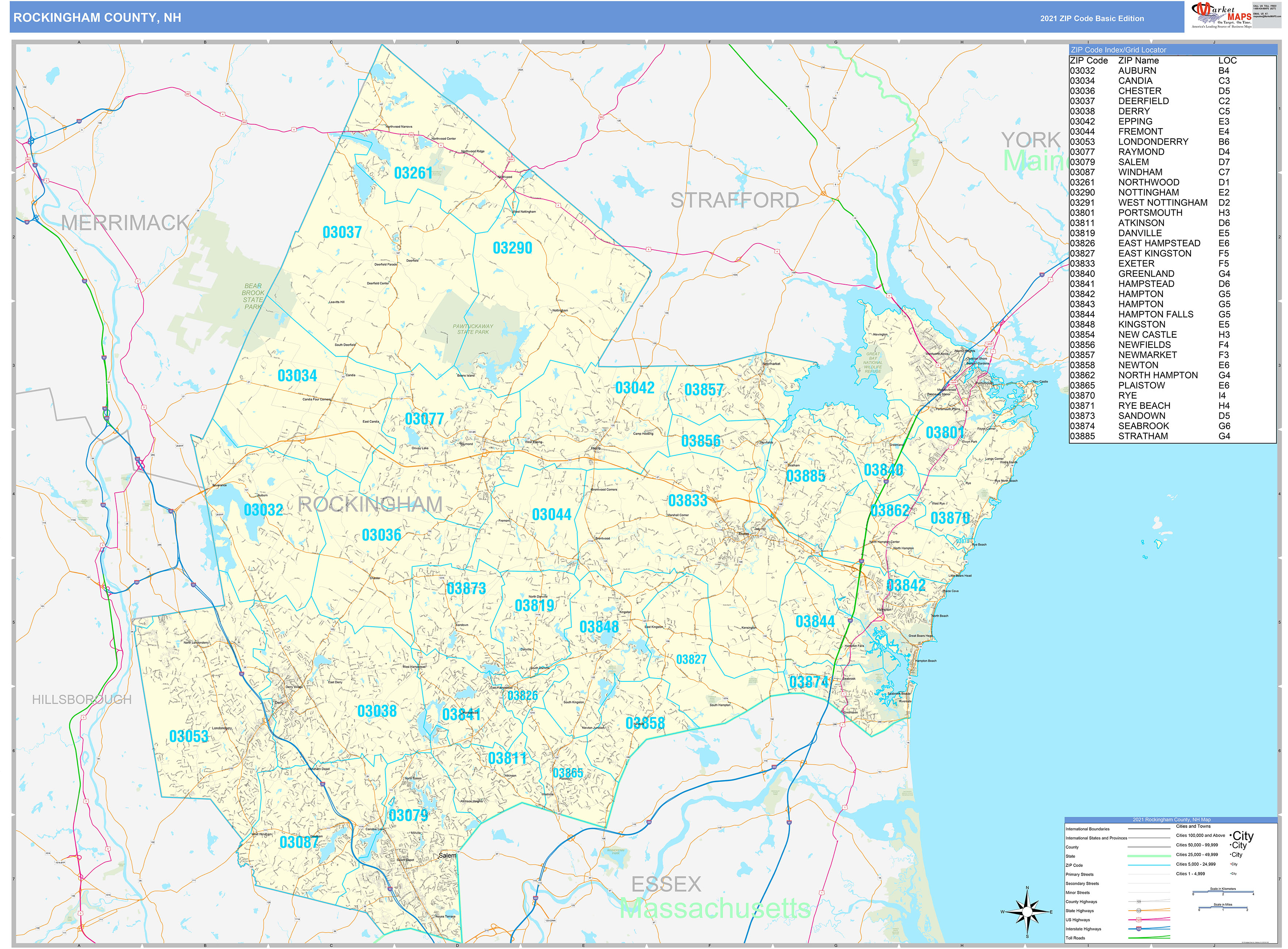 Rockingham County, NH Zip Code Wall Map Basic Style by MarketMAPS