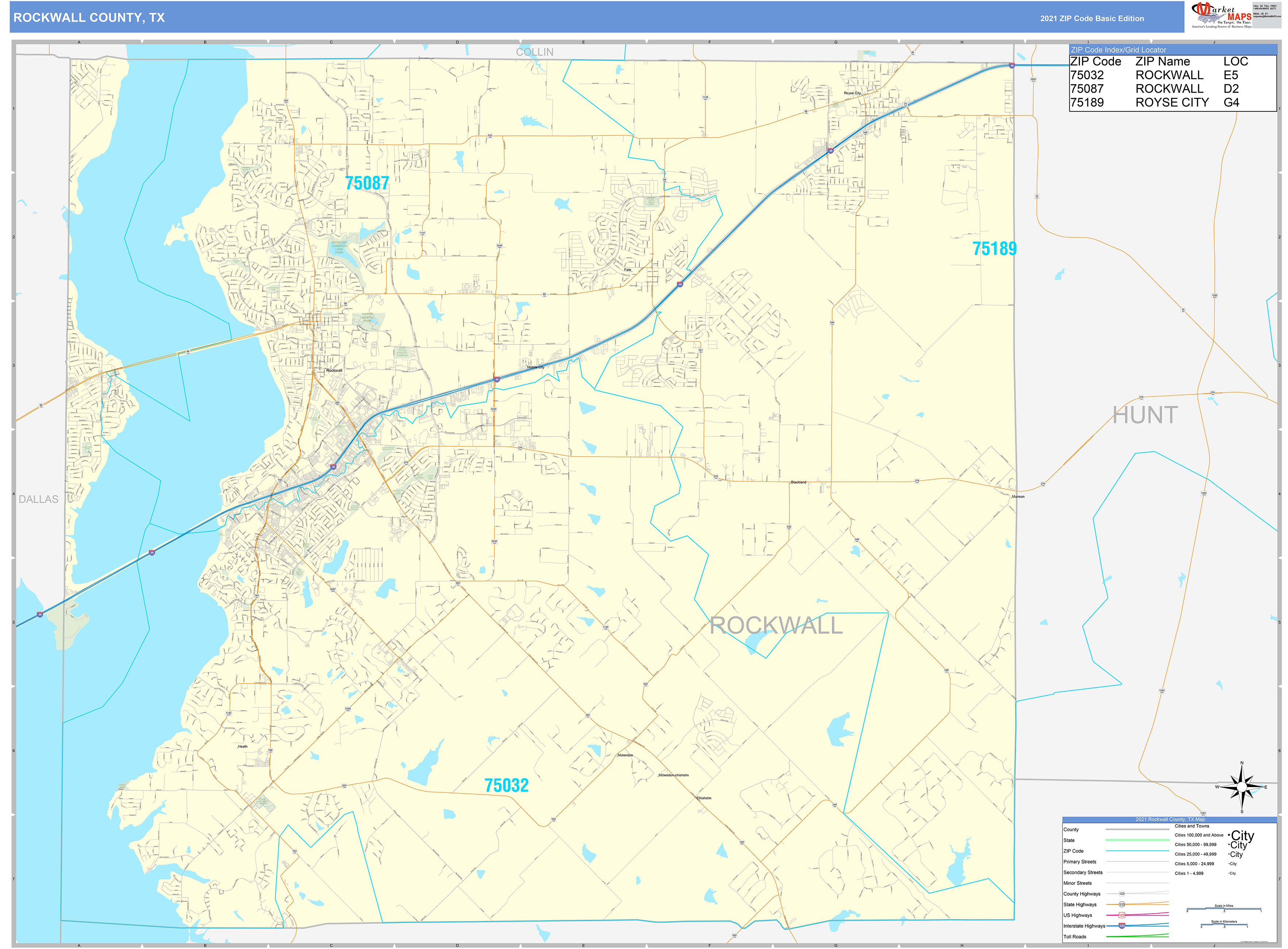 Rockwall County, TX Zip Code Wall Map Basic Style by MarketMAPS MapSales