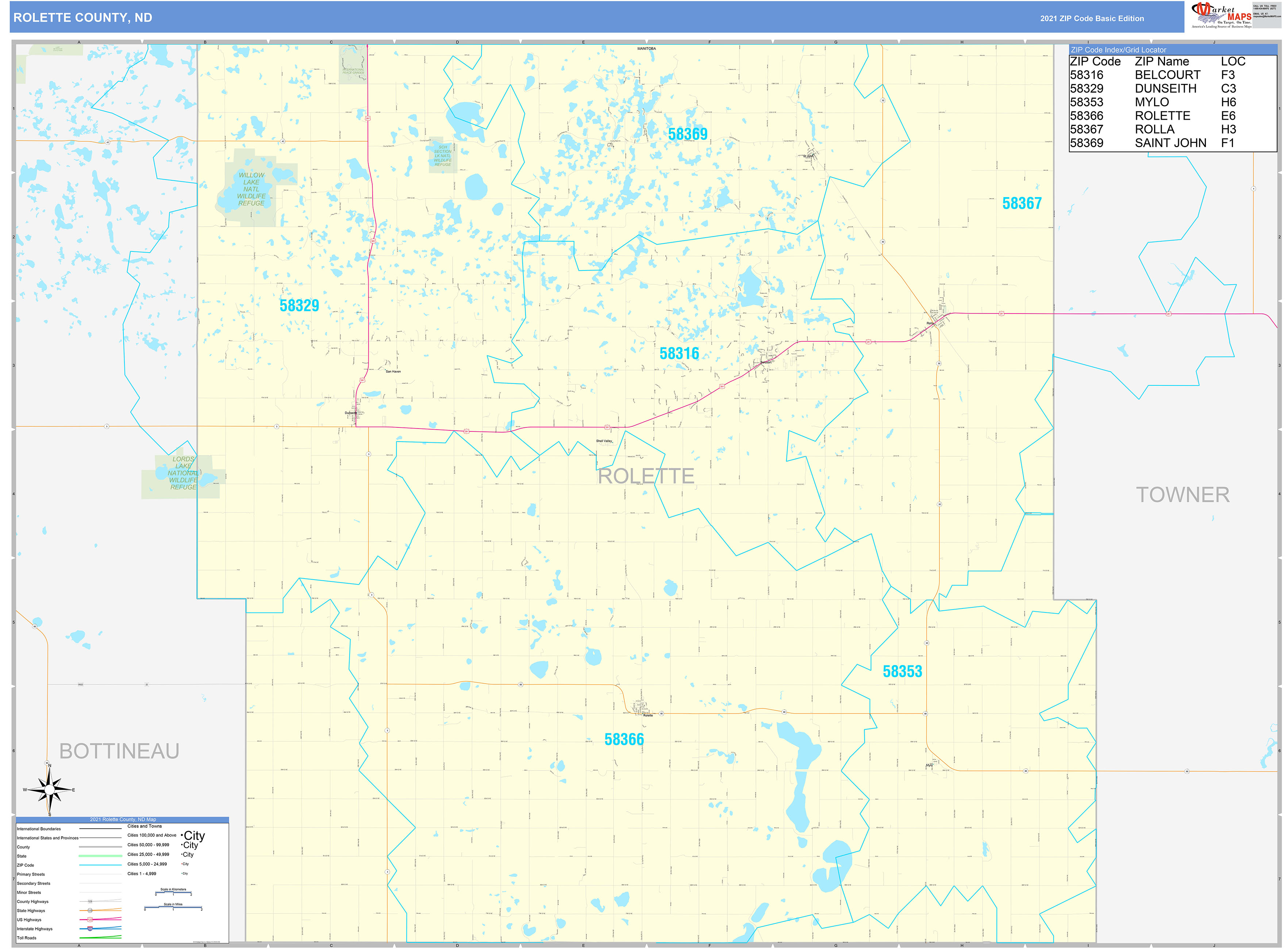 Rolette County North Dakota Mugshot Zone Rolette County, ND Zip Code Wall Map Basic Style by MarketMAPS - MapSales