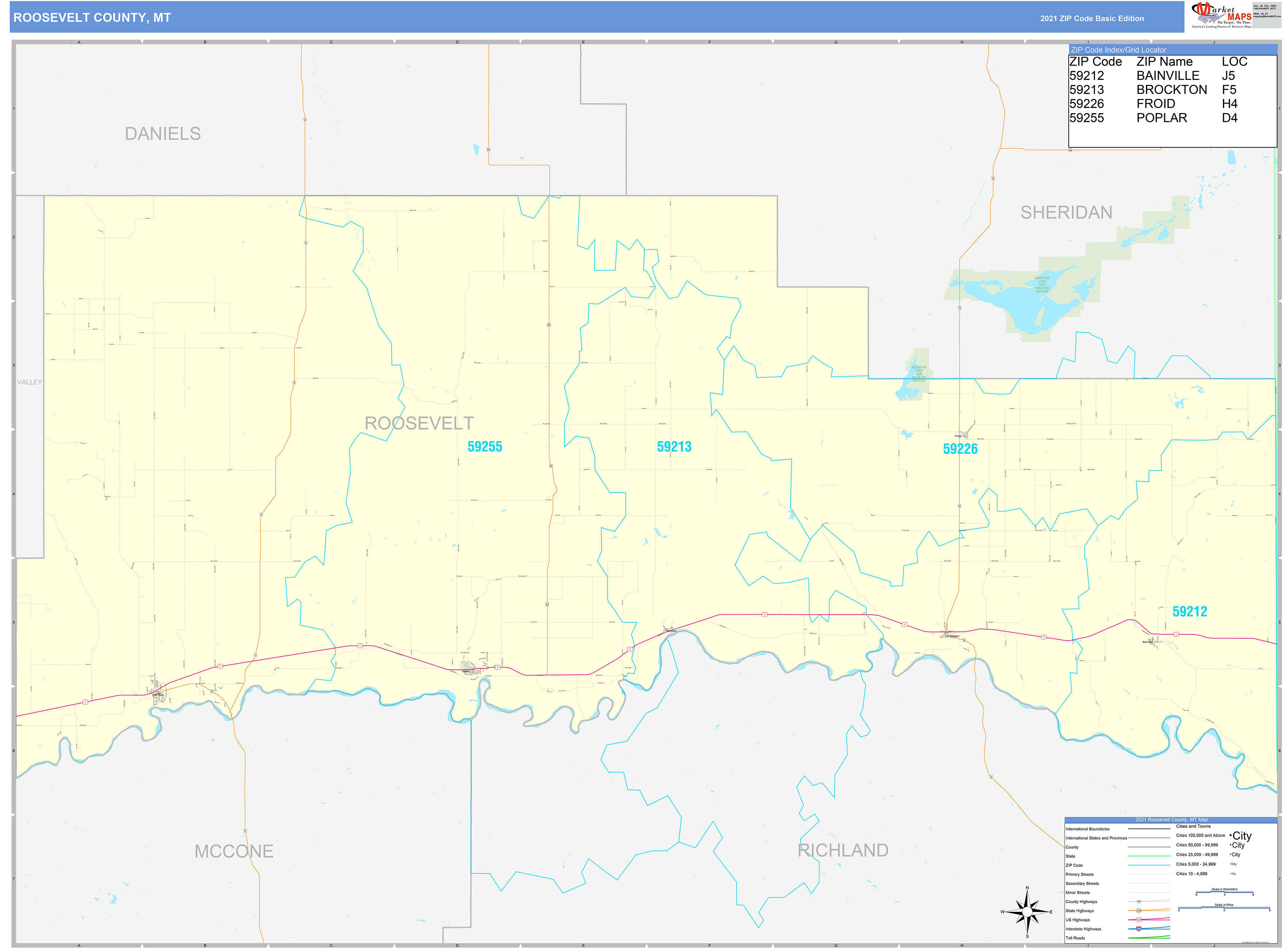 Roosevelt County, MT Zip Code Wall Map Basic Style by MarketMAPS MapSales