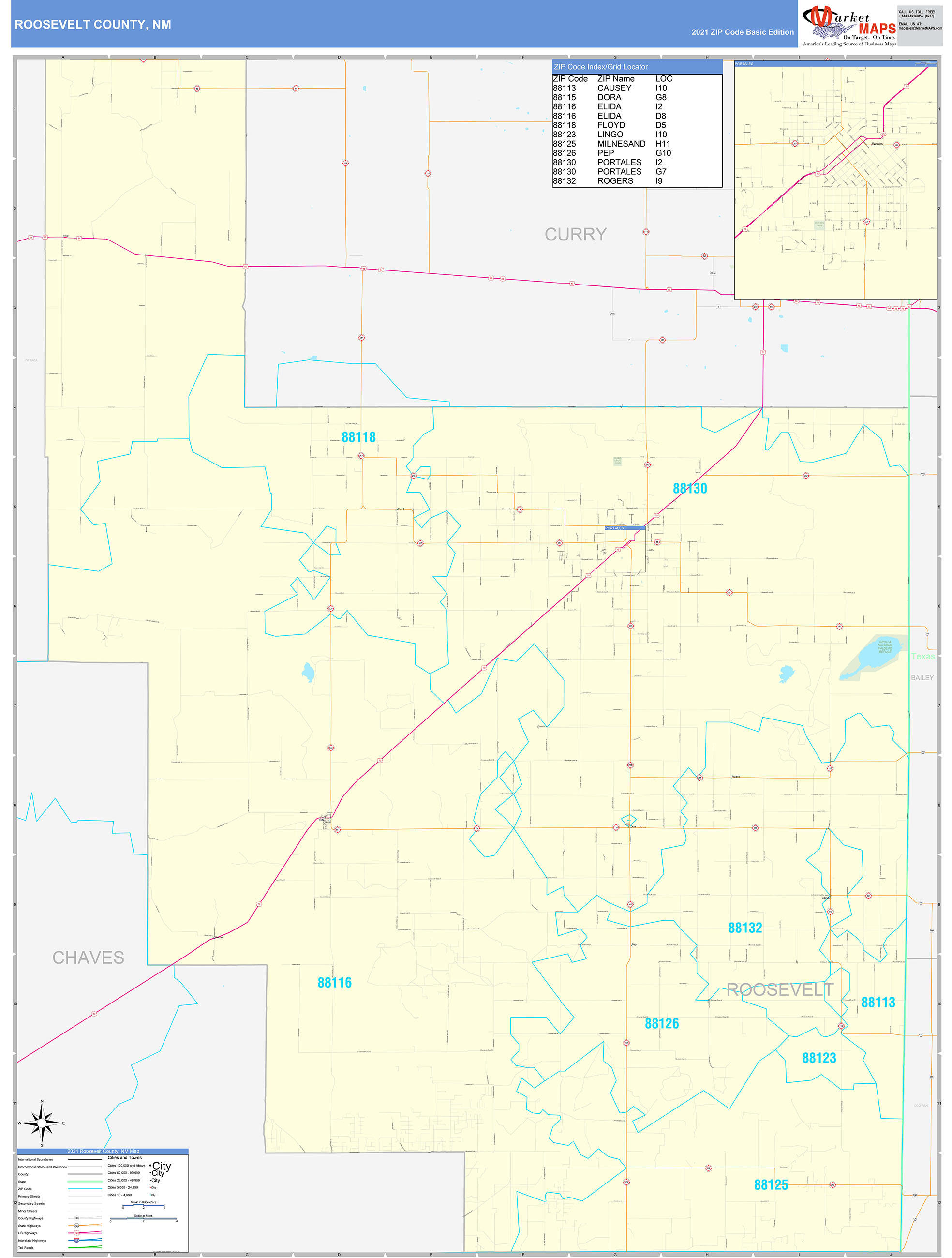 Roosevelt County, NM Zip Code Wall Map Basic Style by MarketMAPS