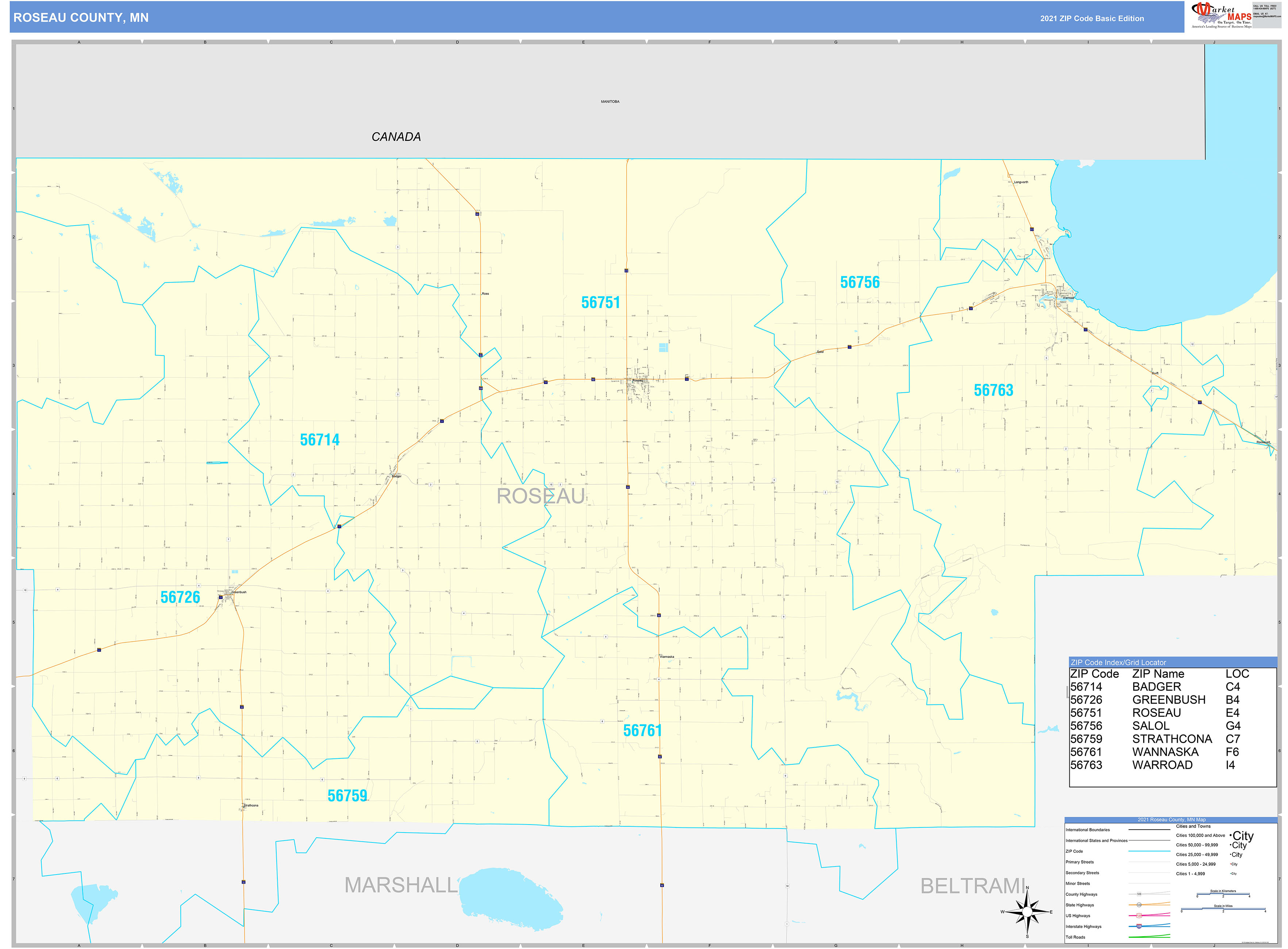 Roseau County, MN Zip Code Wall Map Basic Style by MarketMAPS