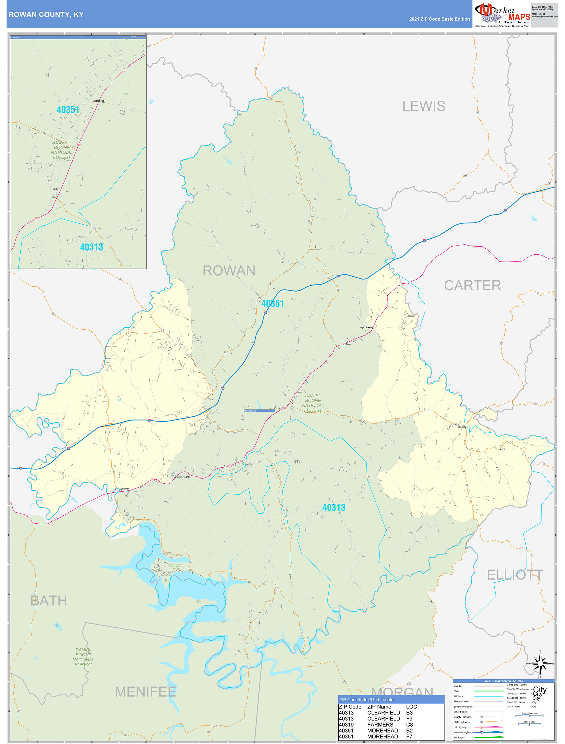 Rowan County, KY Zip Code Wall Map Basic Style by MarketMAPS