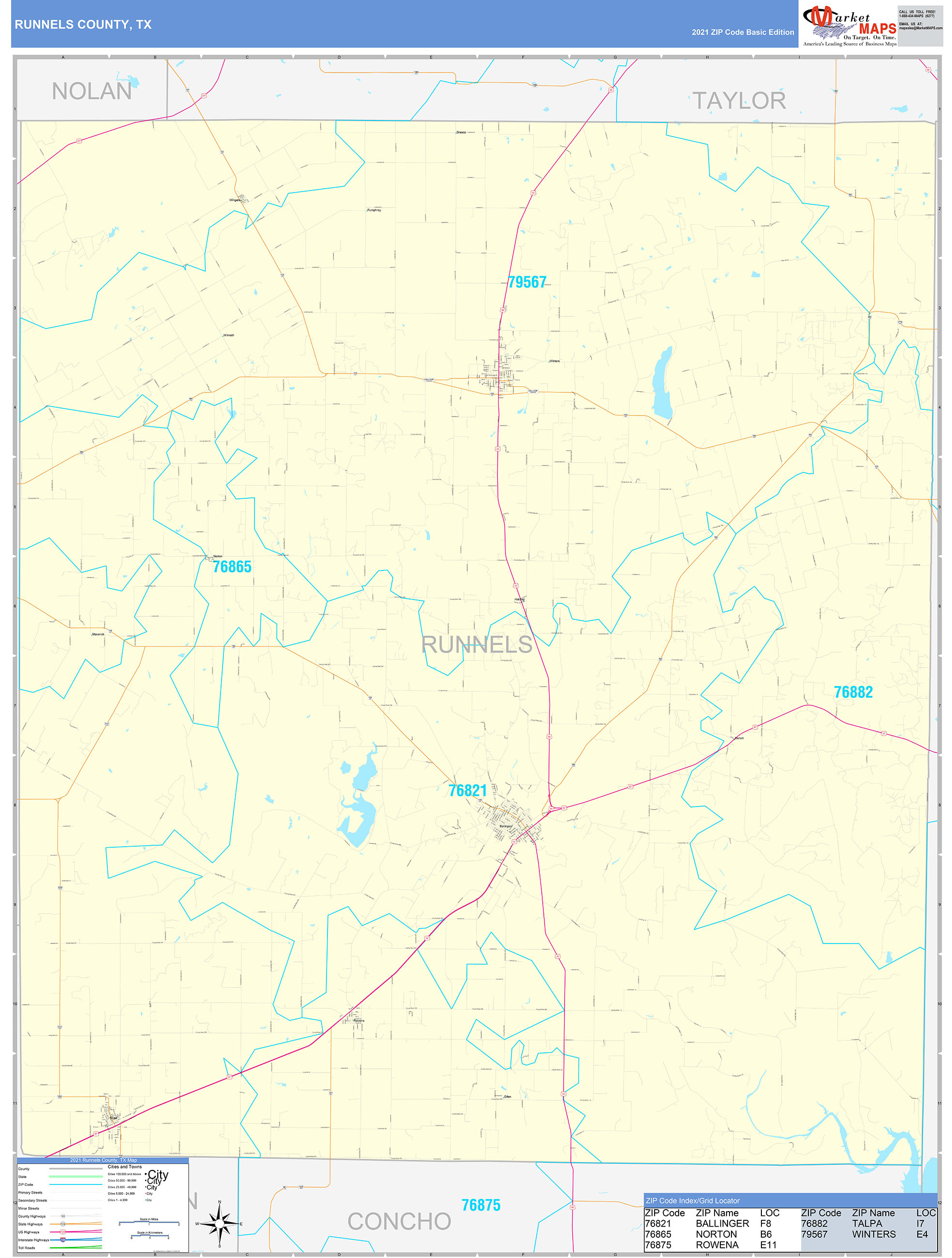 Runnels County, TX Zip Code Wall Map Basic Style by MarketMAPS MapSales