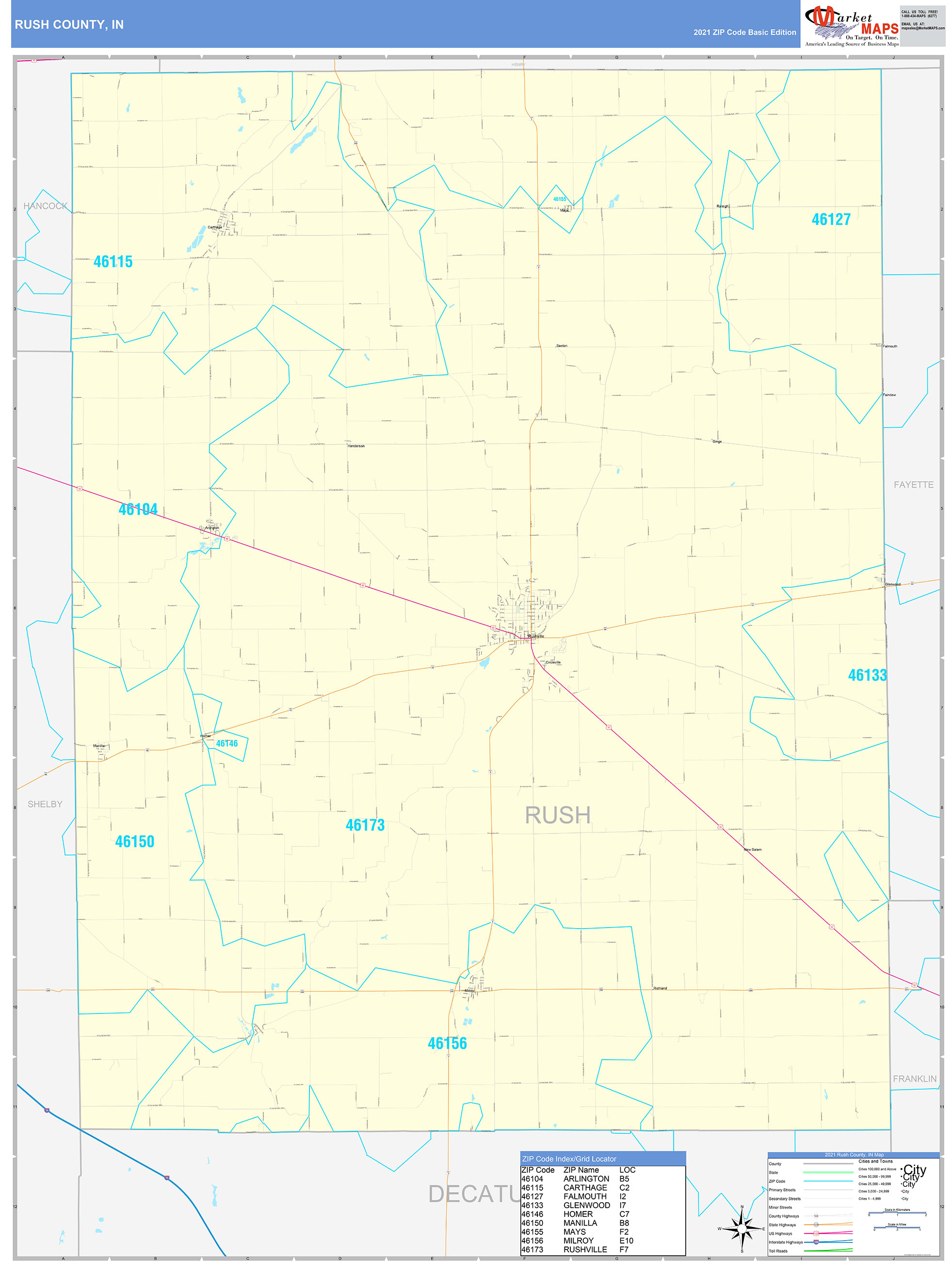 Rush County, IN Zip Code Wall Map Basic Style by MarketMAPS MapSales