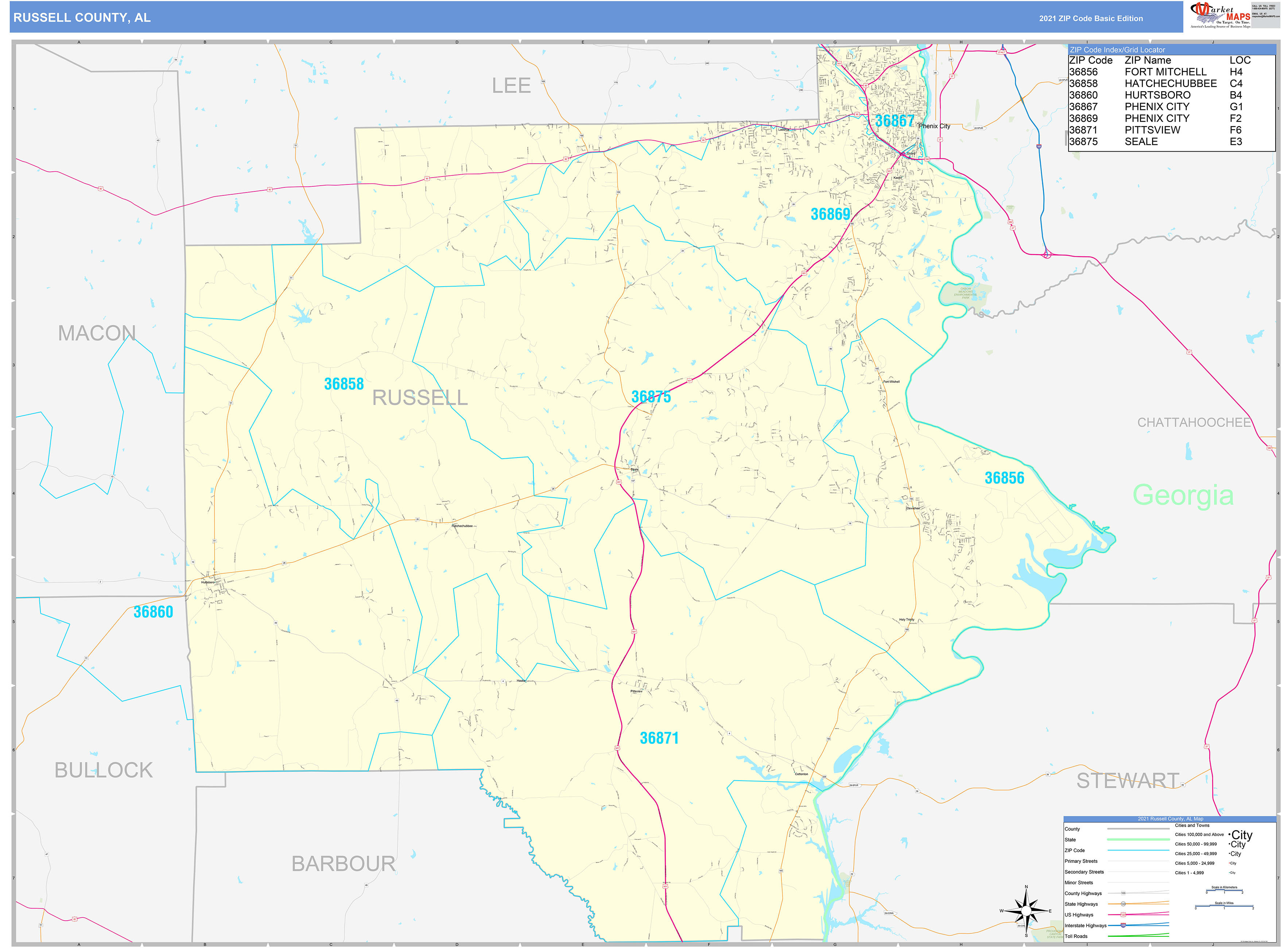 Russell County, AL Zip Code Wall Map Basic Style by MarketMAPS MapSales