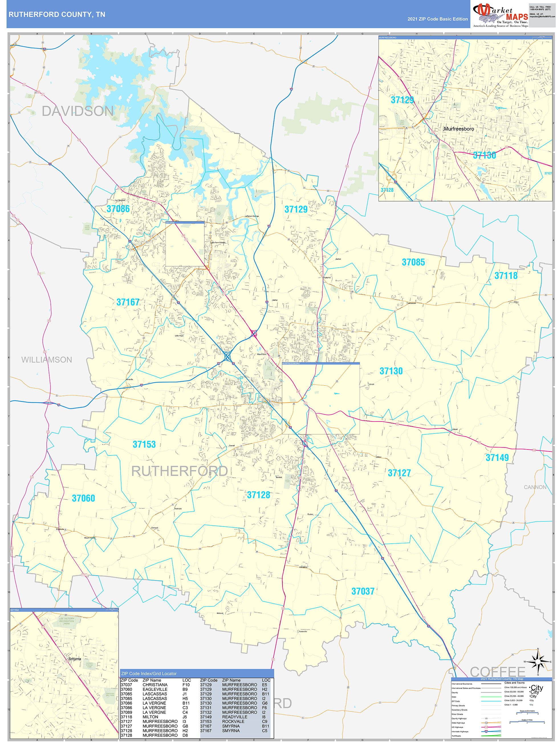 Rutherford County, TN Zip Code Wall Map Basic Style by MarketMAPS
