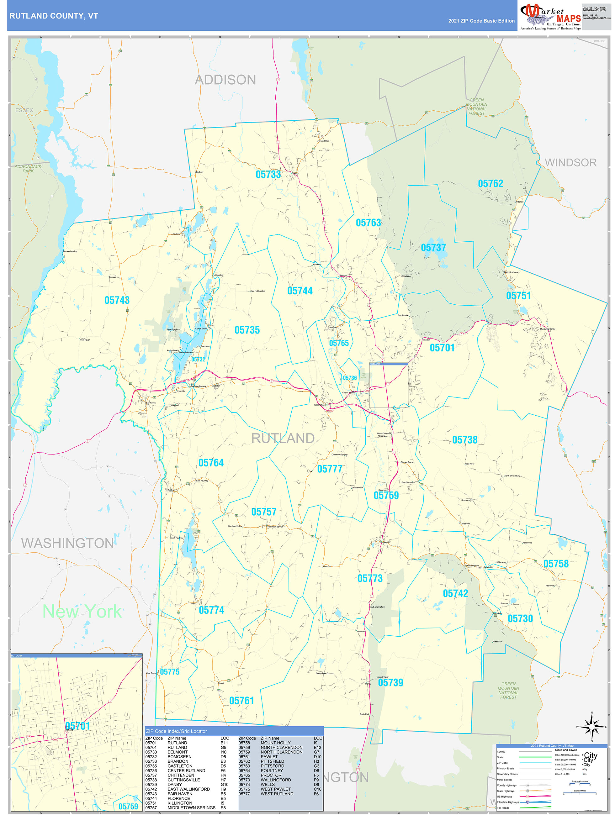 Rutland County, VT Zip Code Wall Map Basic Style by MarketMAPS