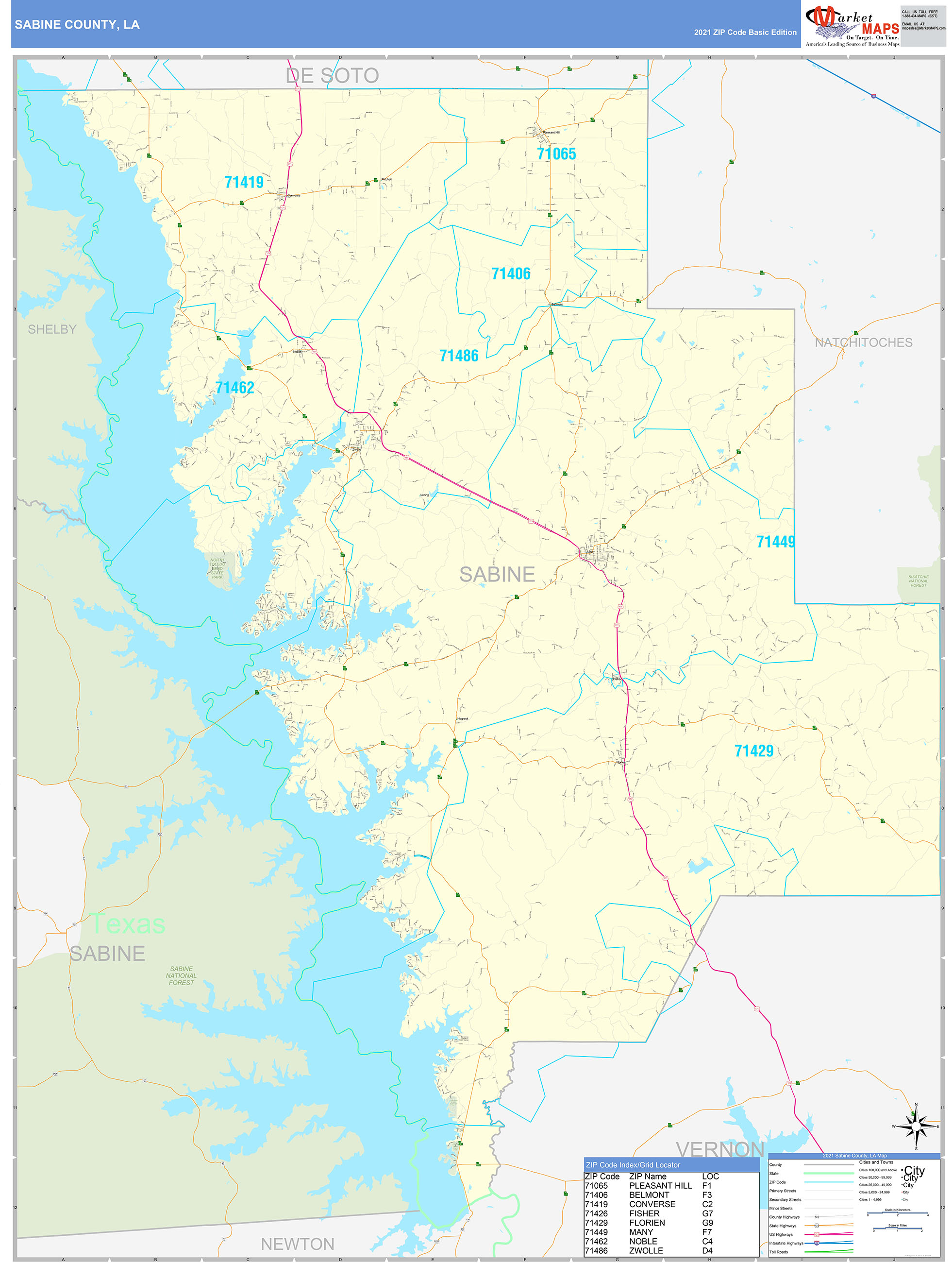 Sabine County, LA Zip Code Wall Map Basic Style by MarketMAPS
